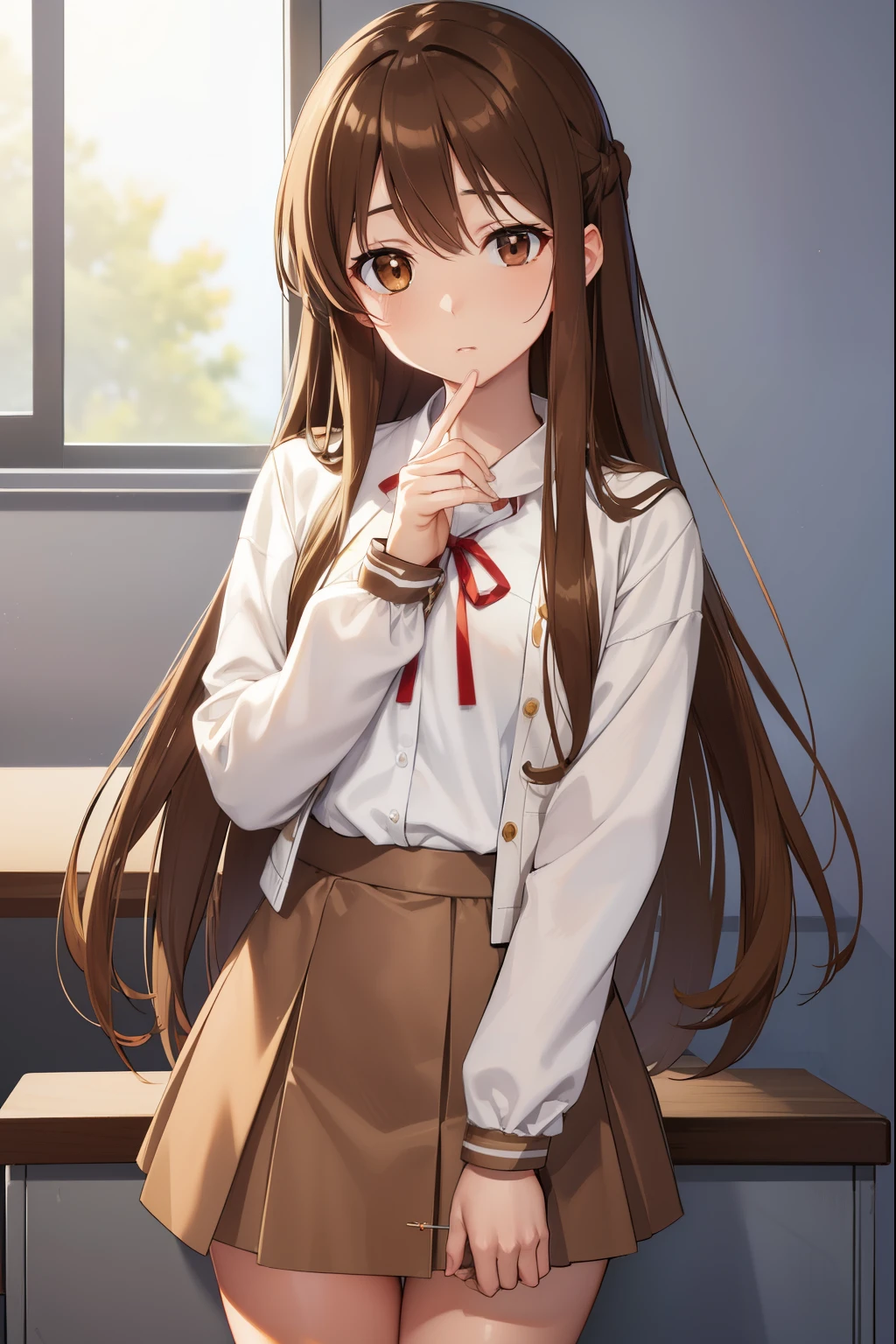 Yuki Asuna, as yuuki, long hair, brown hair, (brown eyes:1.8), (small breasts:1.2),
break skirt, shirt, long sleeve, ribbon, school uniform, Jacket, white shirt, red ribbon, black Jacket, neck ribbon,
break indoors, classroom,
break looking at viewer, (cowboy shot:1.5),
break (masterpiece:1.2), highest quality, High resolution, unity 8k wallpaper, (figure:0.8), (beautiful and fine eyes:1.6), highly detailed face, perfect lighting, Very detailed CG, (perfect hands, perfect anatomy),