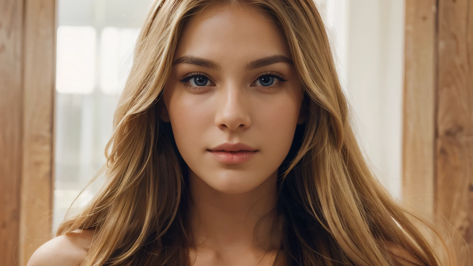 a front picture of the face to shoulders, blond long hair, beautiful realistic face