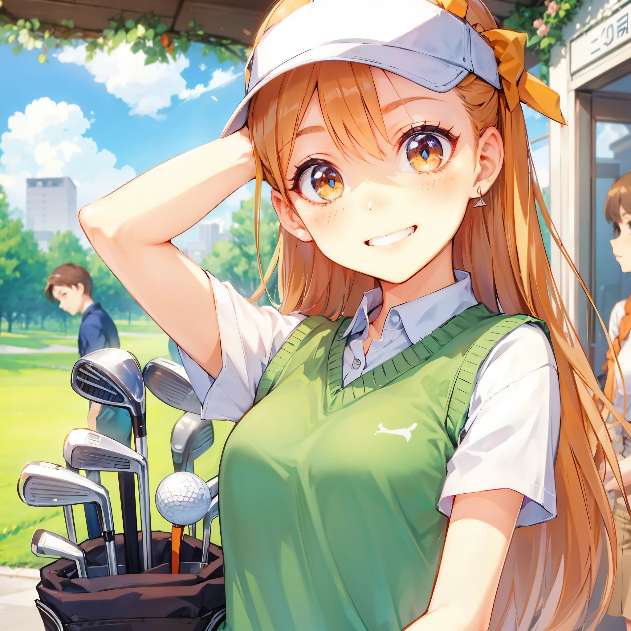 high quality,HD,16k,sharp lines,1 girl,Female golf athlete ,cute face, medium breasts, nice legs,At the golf venue,focus girl,detailed beautiful face,detailed clothes,beautiful eyes,cool,dynamic angle