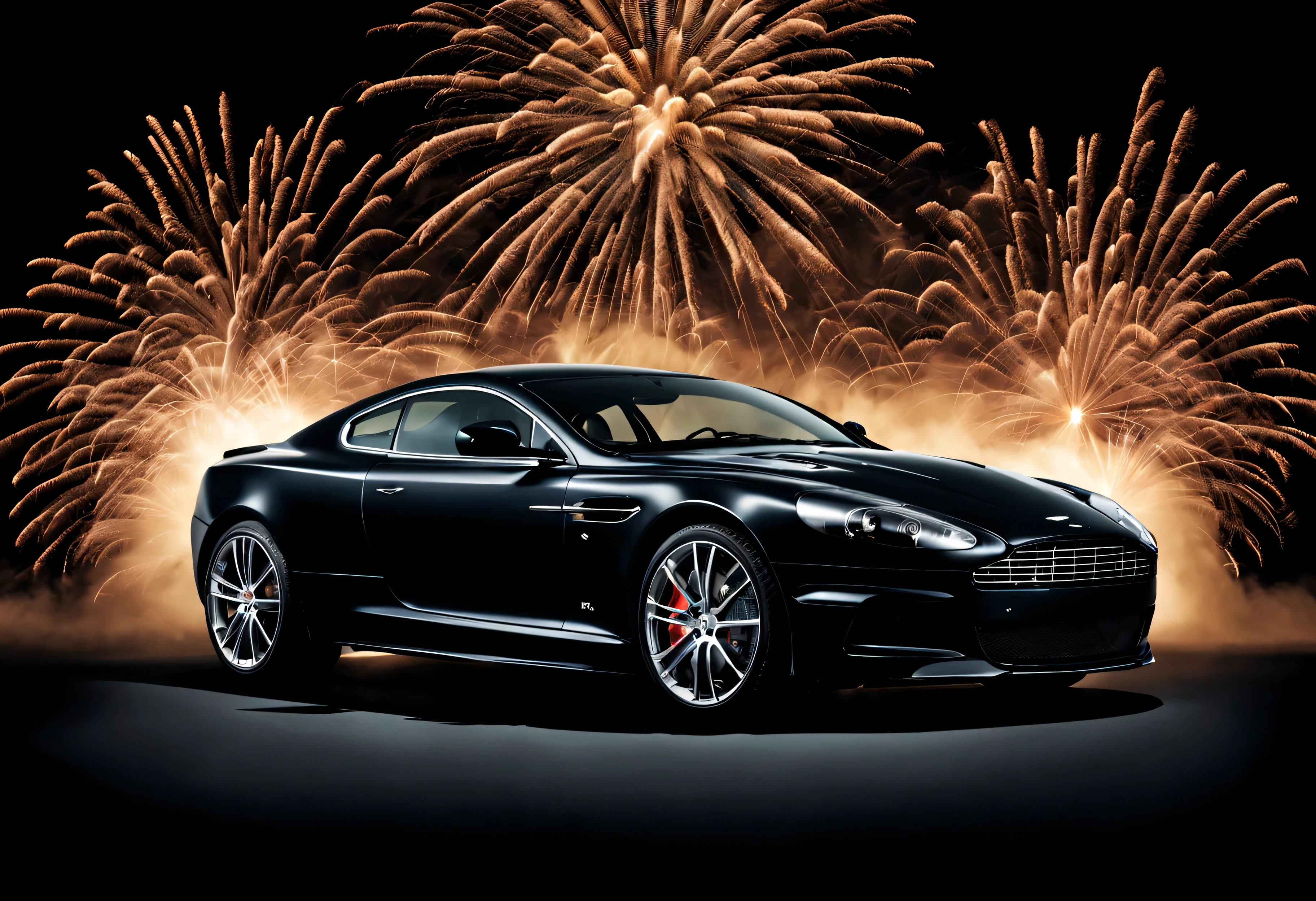 Aston Martin DBS, 2009, feu d'artifice au fond, dans un studio fond noir, vue de face