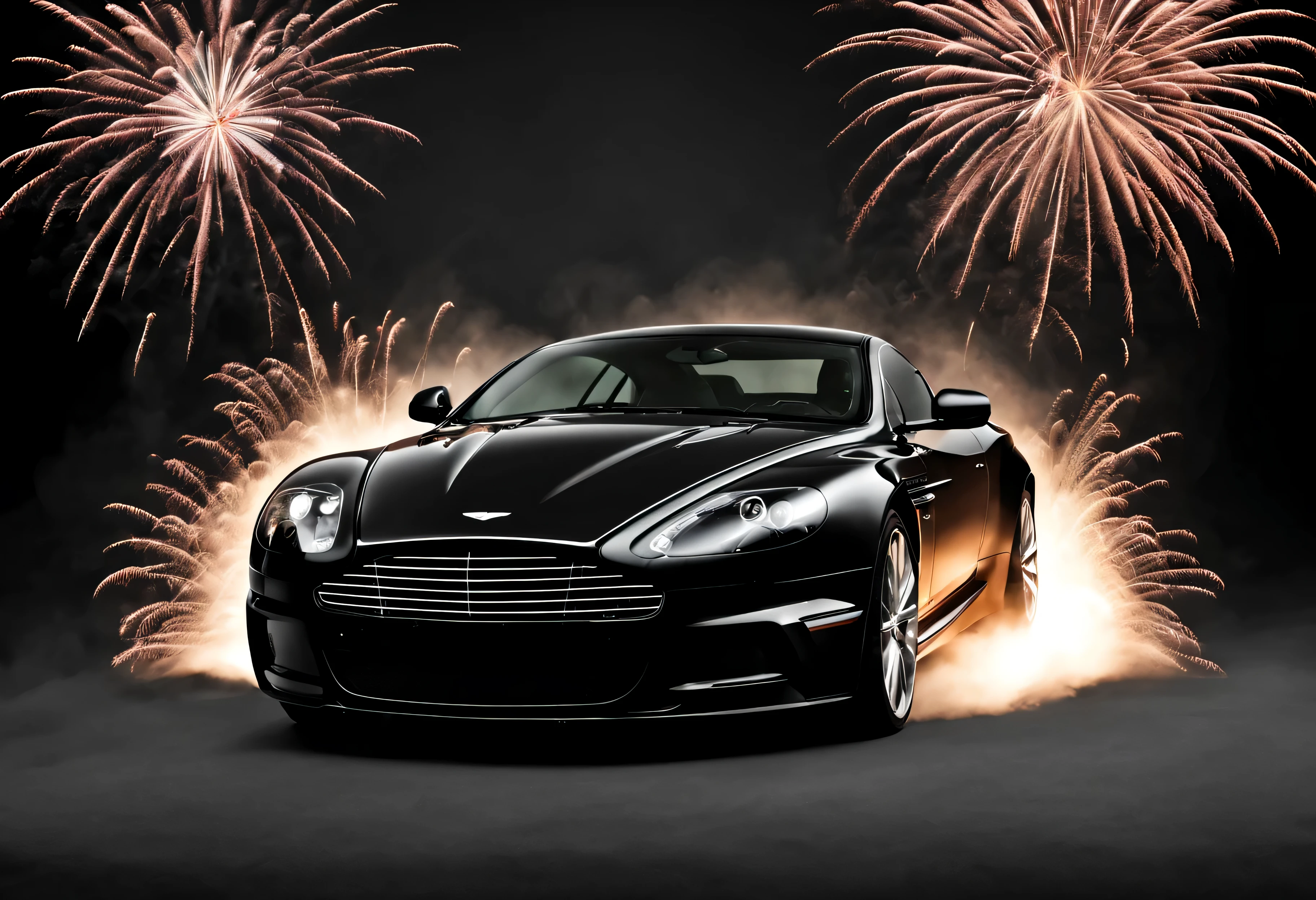 Aston Martin DBS, 2009, feu d'artifice au fond, dans un studio fond noir, vue de face