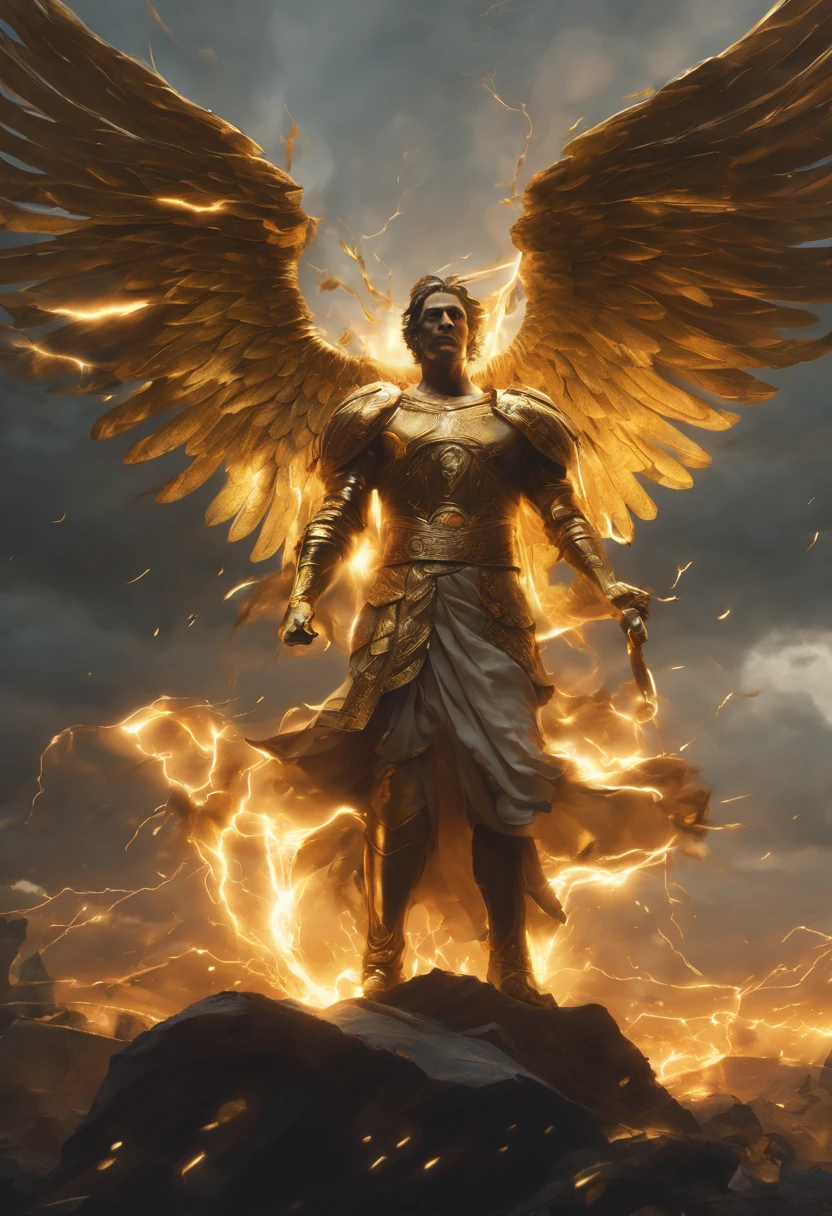 I looked with winged angels,his wings covered his body, thunder storm striking all over his body,and there was a man dressed in linen, and his loins were girded with a belt of gold from Ufas. His body was like topaz, his countenance shone like lightning, his eyes were like burning torches, his arms and legs shone like polished brass, and the sound of his voice was mighty,ultra 8k res, cinematic still,