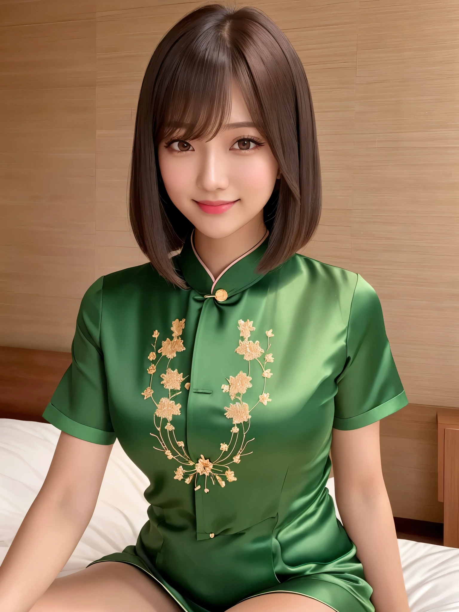 product quality, 1girl, upper body shot, front view, a Japanese young pretty girl, long bob hair, sitting with a big smile on a silk bed in a luxury hotel room, glamorous figure, wearing short sleeves shiny satin green cheongsam with many flower pattern embroideries with collared, hyper cute face, glossy lips, double eyelids in both eyes, natural makeup, long eyelashes, shiny smooth light brown long bob hair, asymmetrical bangs, a tanned skin, central image, high resolution, high detail, detailed hairstyle, detailed face, spectacular cinematic lighting, octane rendering, vibrant, hyper realistic, perfect limbs, perfect anatomy