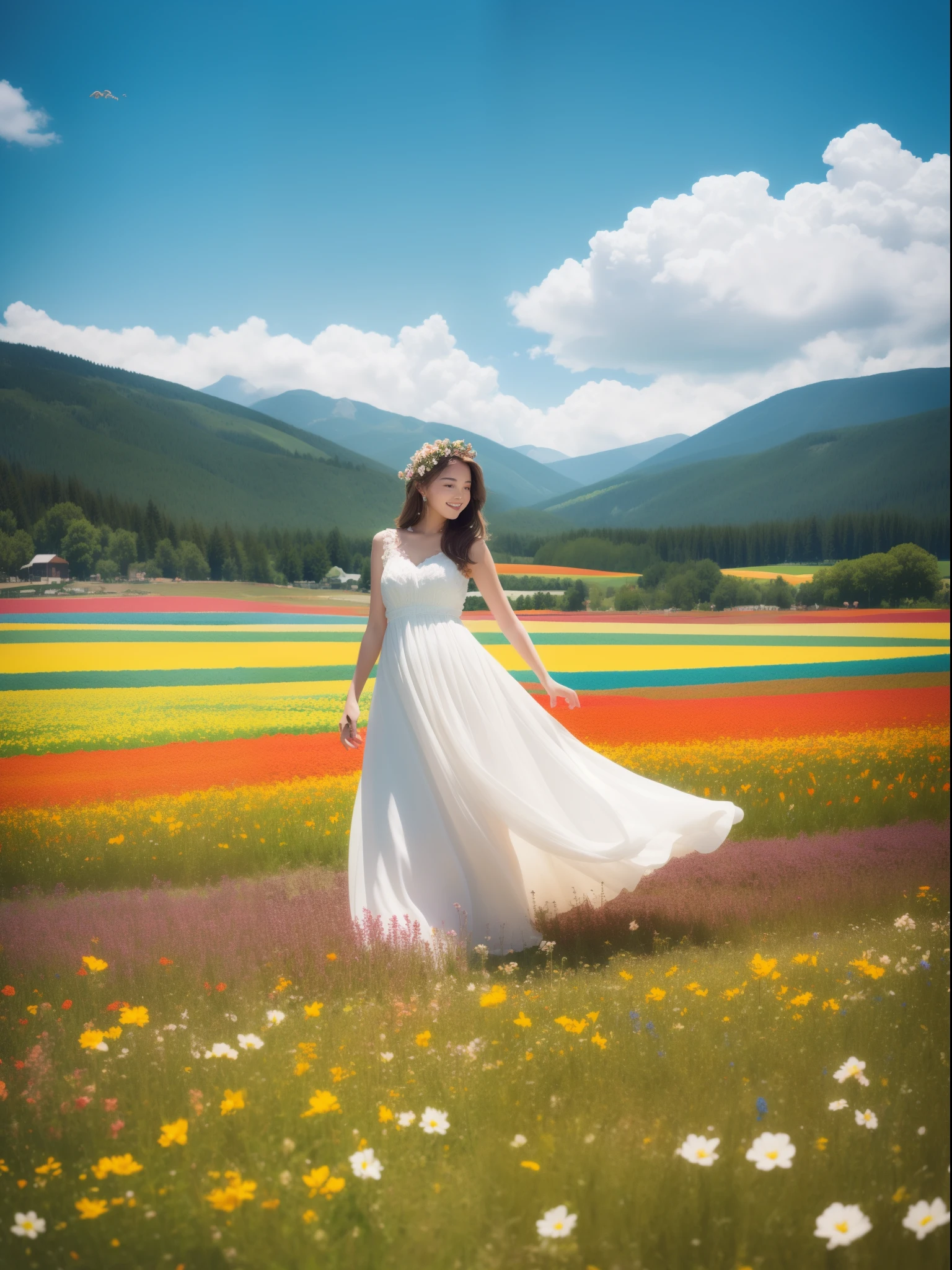 1girl, dynamic angle, cloud and mountain, (flower field:1.4) in the foreground, white dress, light tracing, (floating colorful wind:1)
(photorealistic:1.4), official art, unity 8k wallpaper, ultra detailed, beautiful and aesthetic, masterpiece,best quality, glowing skin, cinematic lighting, light smile