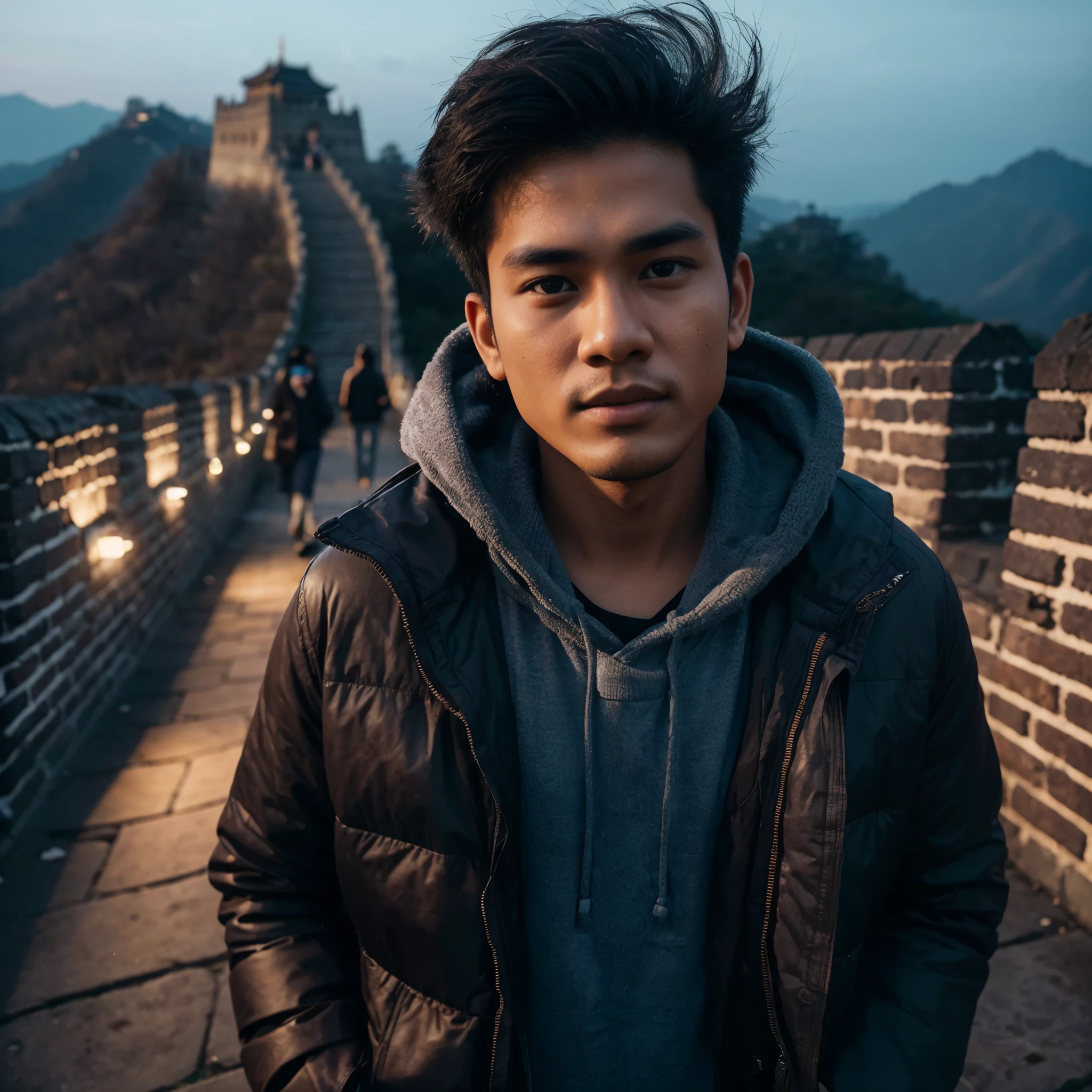 an Indonesian Javanese man (25 years old, oval and clean face, Indonesian hair, thin body, brown skin, wearing a thick winter jacket, jeans) standing posing like a model on the Great Wall of China, photo slightly tilted to the side, face visible, night atmosphere, minimal lighting, sunset light. ultra HD, real photo, very detailed, very sharp, 18mm lens, realistic, photography, leica camera RENA
