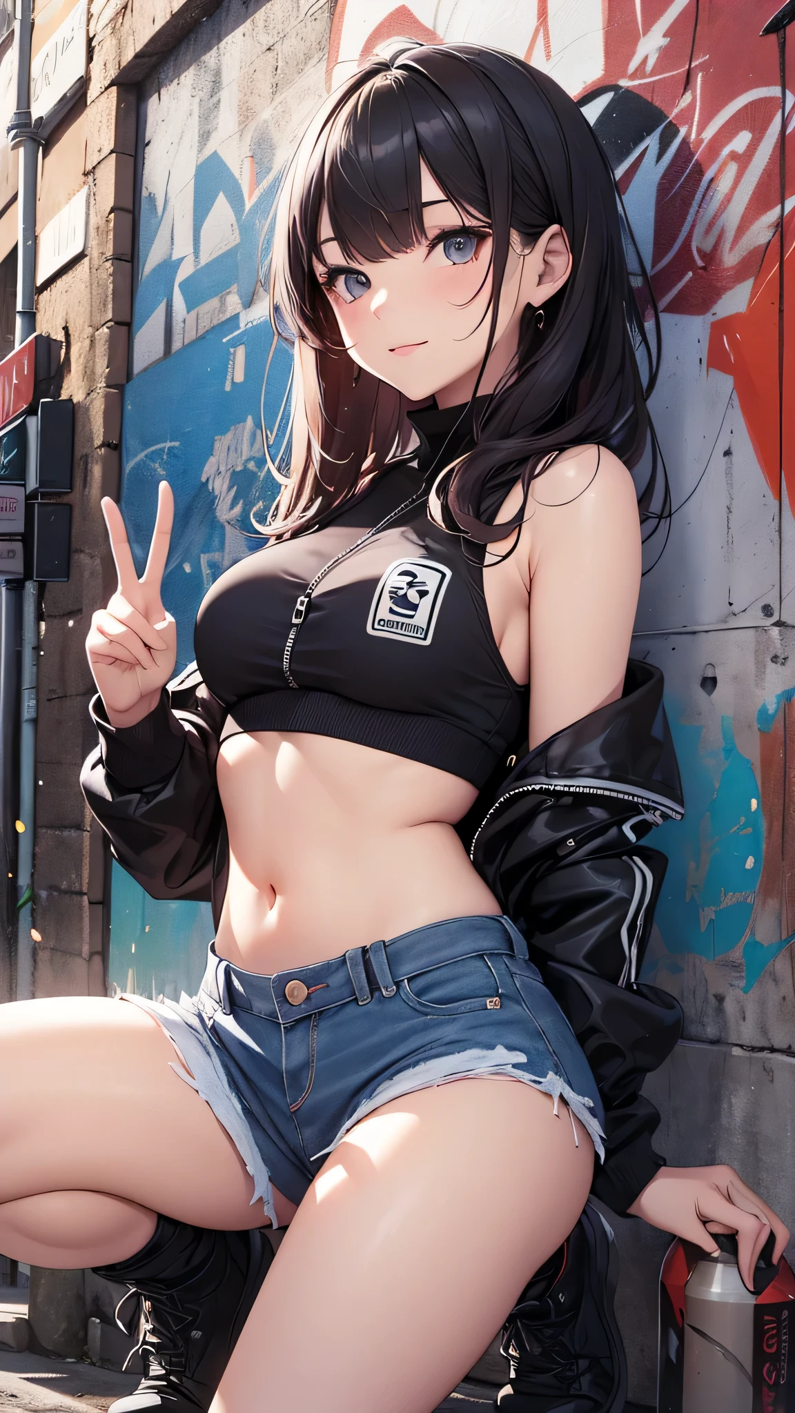 最high quality、best image quality、masterpiece、age girl((18-year-old、 By becoming、vest bust、medium bust,wide open breast tea、black eye, purple and red hair、Habitual hair、long hair、thin,highest valley、navel black tank top、blue shorts、Holding a spray can、smug face、peace sign、paint跡、black jacket、squat、open your legs、black mask)),high quality、beautiful art、background((City of night、wall、graffiti、paint))debris flies、Depth of written boundary、movie、visual art、perfect art、8K,genuine