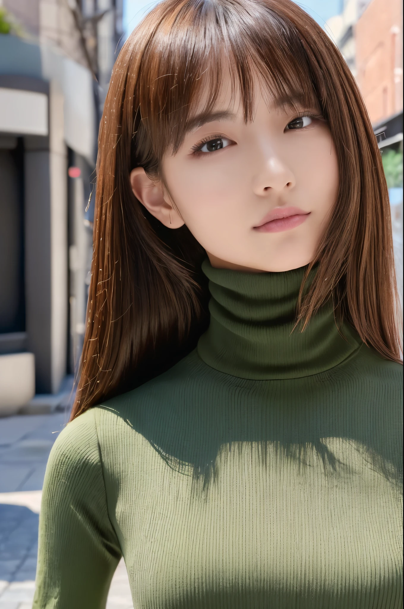 ((top-quality, in 8K, masterpiece:1.3)), Beautiful Japanese woman, perfect body:1.4, Slim abs:1.2, ((Medium Hair, straight haired:1.2)), (turtle neck:1.1), (a street:1.2), wetbody:1.5, Three-dimensional texture, A detailed eye, Brown hair, Very shiny hair, posterior view