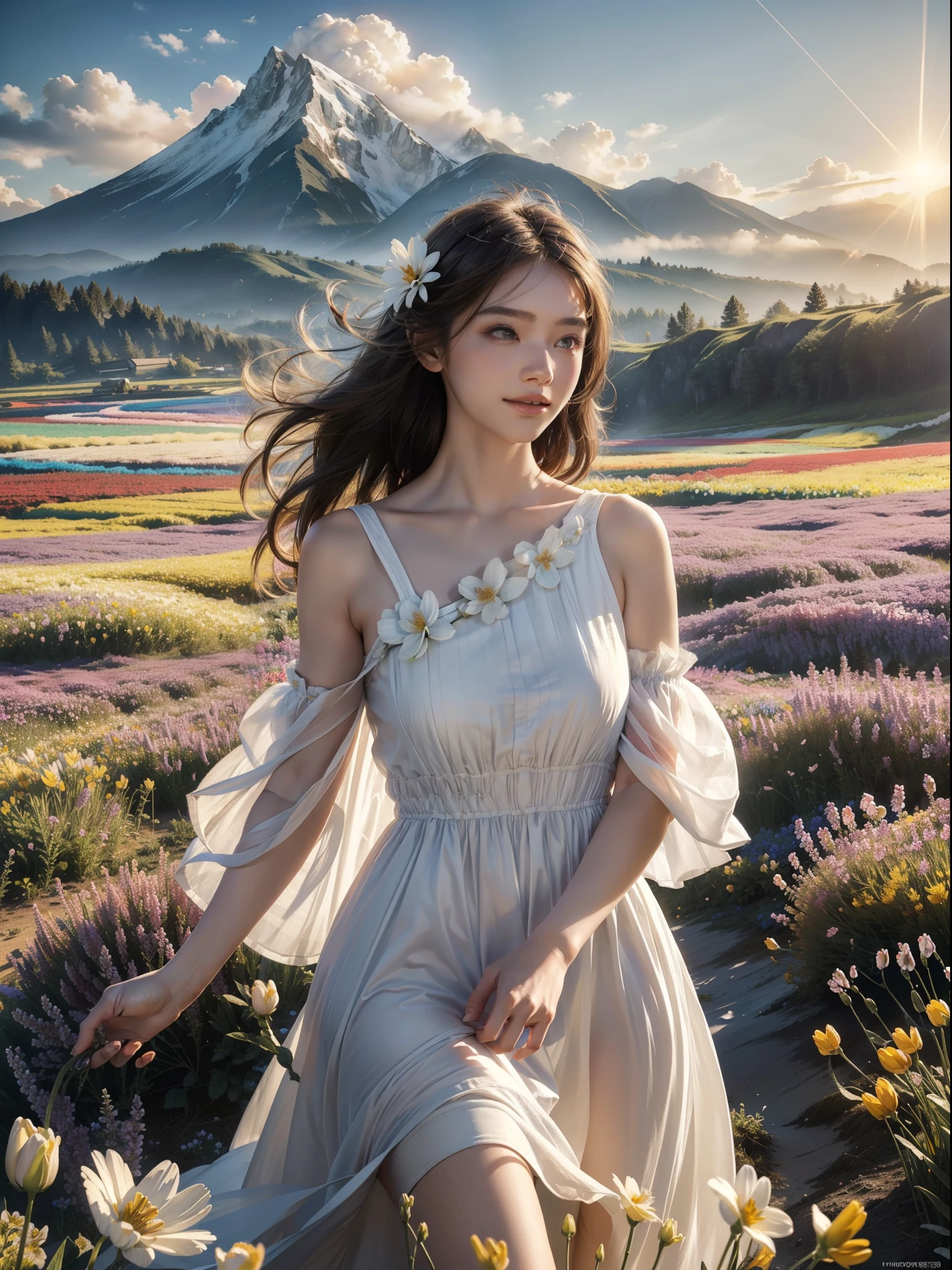 1girl, dynamic angle, cloud and mountain, (flower field:1.4) in the foreground, white dress, light tracing, (floating colorful wind:1) (photorealistic:1.4), official art, unity 8k wallpaper, ultra detailed, beautiful and aesthetic, masterpiece,best quality, glowing skin, cinematic lighting, light smile