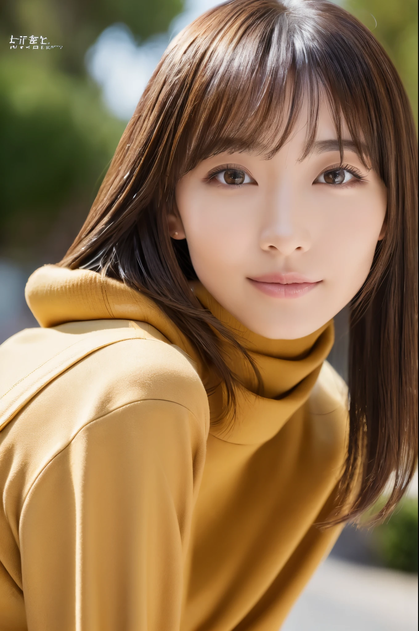 ((top-quality, in 8K, masterpiece:1.3)), Beautiful Japanese woman, perfect body:1.4, Slim abs:1.2, ((Medium Hair, straight haired:1.2)), (turtle neck:1.1), (a street:1.2), wetbody:1.5, Three-dimensional texture, A detailed eye, Brown hair, Very shiny hair, posterior view