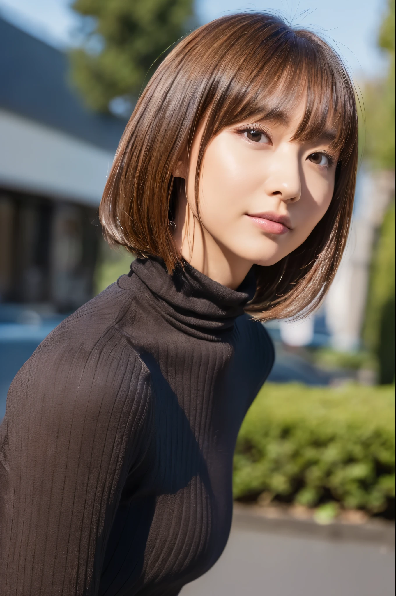 ((top-quality, in 8K, masterpiece:1.3)), Beautiful Japanese woman, perfect body:1.4, Slim abs:1.2, ((Medium Hair, straight haired:1.2)), (turtle neck:1.1), (a street:1.2), wetbody:1.5, Three-dimensional texture, A detailed eye, Brown hair, Very shiny hair, posterior view