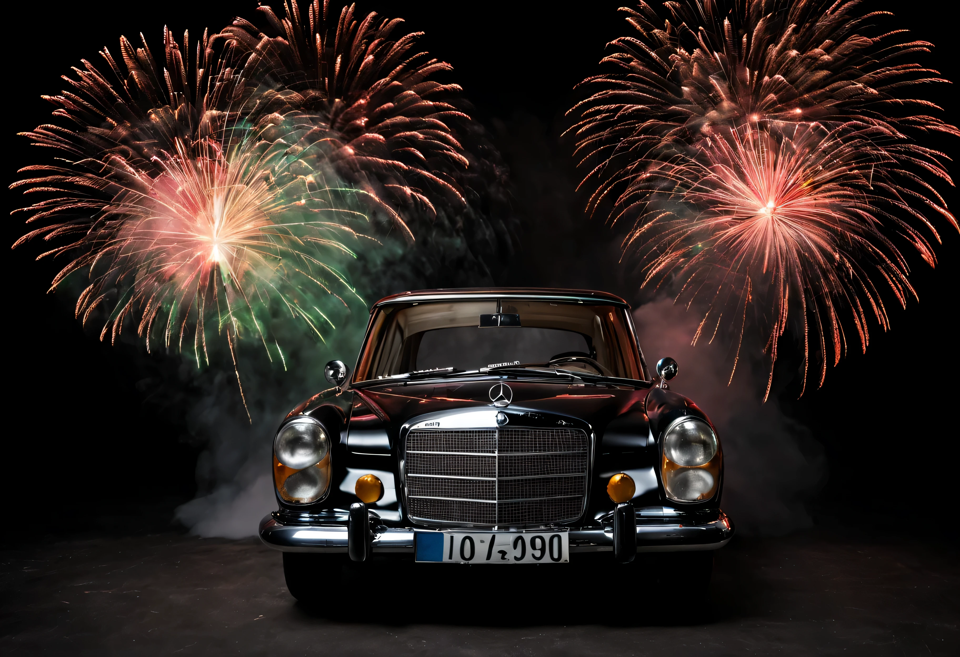 Mercedes190, feu d'artifice au fond, dans un studio fond noir, vue de face