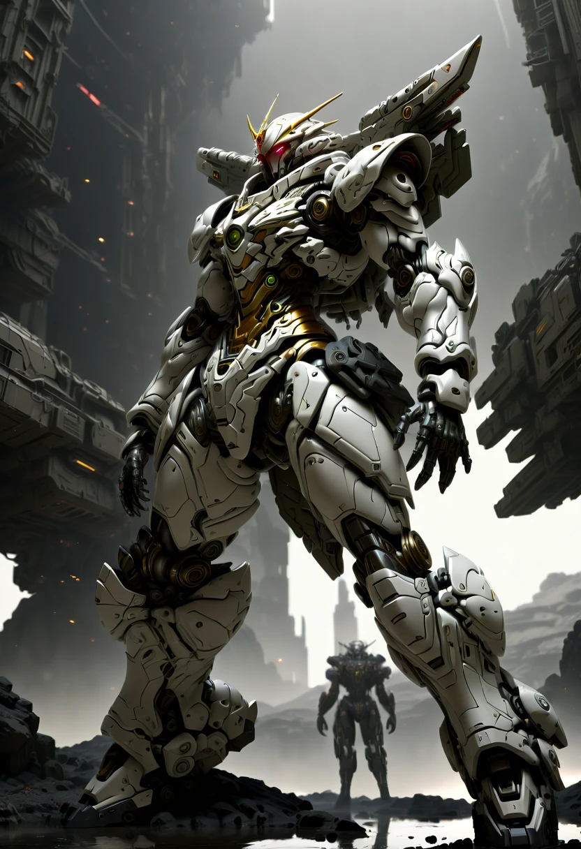 (Vision:1.8), (full-body shot:1.5), A cyborg male warrior with cybernetic enhancements stands on a futuristic battlefield，((Aim with a rifle))。His body is made of complex mechanical parts、Complex assembly of cables and gears，Symbolizing the fusion of man and machine。The environment is desolate、war-torn landscape，Shows the stark contrast between the remnants of Zeng Ming&#39;s world and the advanced technology that now dominates。The warrior&#39;s posture is focused and determined，Highlighting his readiness for battle。The details of his mechanical components are carefully designed，pistons、Wires and metal plates interlocking，formed into his awe-inspiring form。The scene is set at dusk，Cast a long shadow，Create a dramatic interplay of light and dark，Emphasizes the tension of the moment。This image captures the essence of the future warrior，Blending elements of science fiction with gritty realism ，(Eyes looking directly at the audience:1.5)