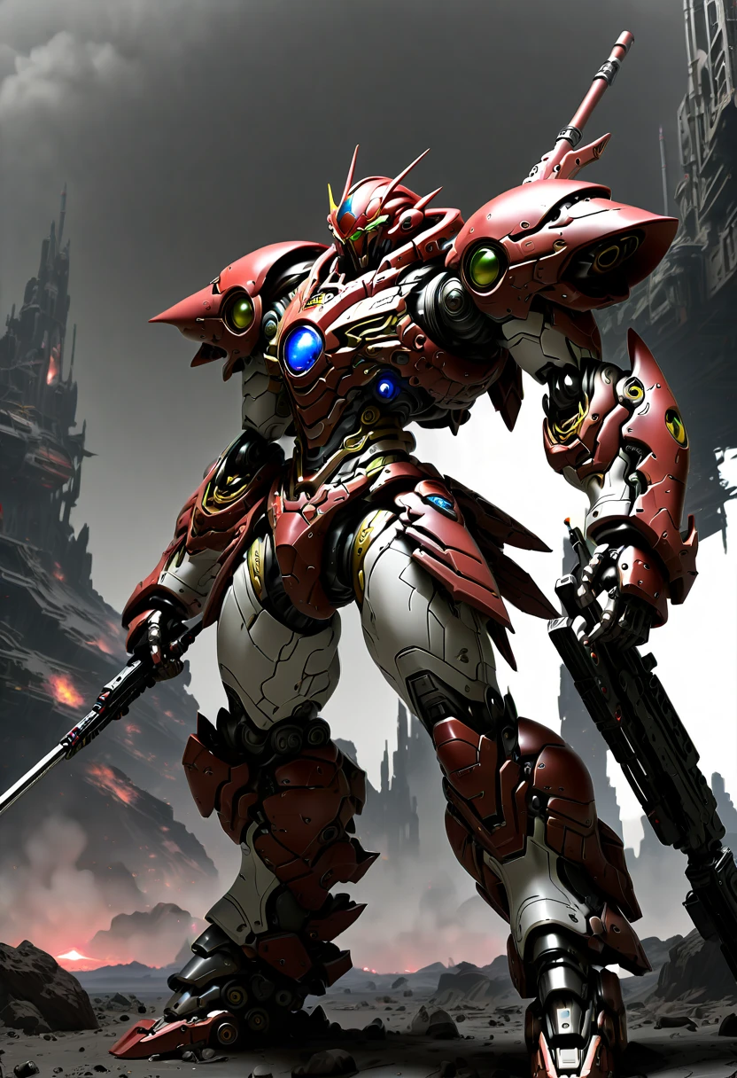 (Vision:1.8), (full-body shot:1.5), A cyborg male warrior with cybernetic enhancements stands on a futuristic battlefield，((Aim with a rifle))。His body is made of complex mechanical parts、Complex assembly of cables and gears，Symbolizing the fusion of man and machine。The environment is desolate、war-torn landscape，Shows the stark contrast between the remnants of Zeng Ming&#39;s world and the advanced technology that now dominates。The warrior&#39;s posture is focused and determined，Highlighting his readiness for battle。The details of his mechanical components are carefully designed，pistons、Wires and metal plates interlocking，formed into his awe-inspiring form。The scene is set at dusk，Cast a long shadow，Create a dramatic interplay of light and dark，Emphasizes the tension of the moment。This image captures the essence of the future warrior，Blending elements of science fiction with gritty realism ，(Eyes looking directly at the audience:1.5)