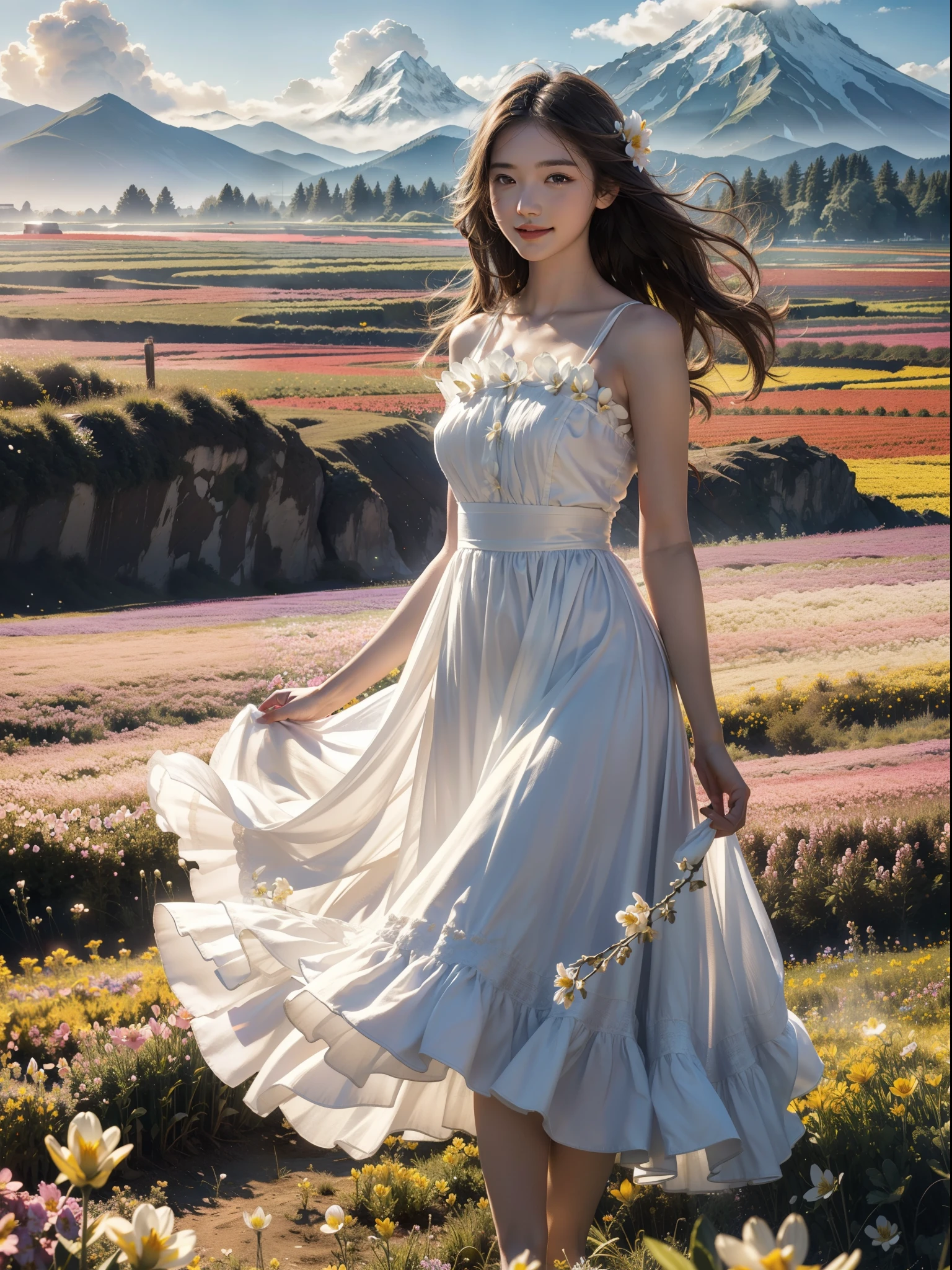 1girl, dynamic angle, cloud and mountain, (flower field:1.4) in the foreground, white dress, light tracing, (floating colorful wind:1) (photorealistic:1.4), official art, unity 8k wallpaper, ultra detailed, beautiful and aesthetic, masterpiece,best quality, glowing skin, cinematic lighting, light smile