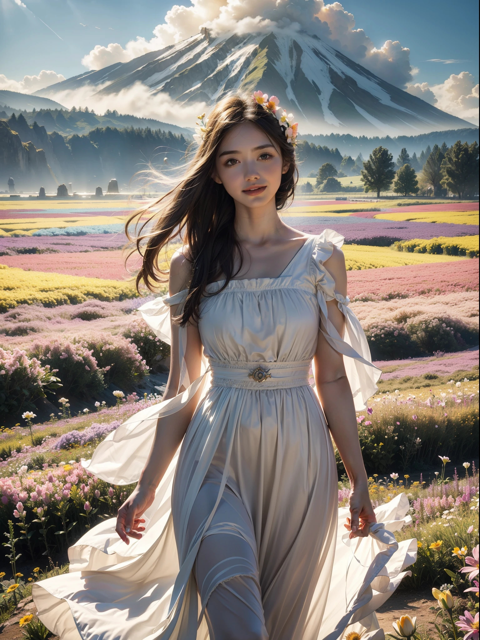 1girl, dynamic angle, cloud and mountain, (flower field:1.4) in the foreground, white dress, light tracing, (floating colorful wind:1) (photorealistic:1.4), official art, unity 8k wallpaper, ultra detailed, beautiful and aesthetic, masterpiece,best quality, glowing skin, cinematic lighting, light smile
