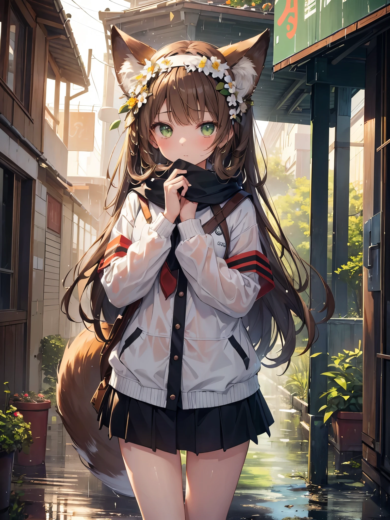 (masterpiece, highest quality, High resolution), 1 girl, alone, Oversized fox tail，long brown hair，green eyes，small flower headdress, (13 years old, junior high school student)，modern architecture，It rained heavily， uniform soaked in the rain_A girl&#39;s underwear is exposed through her wet clothes，