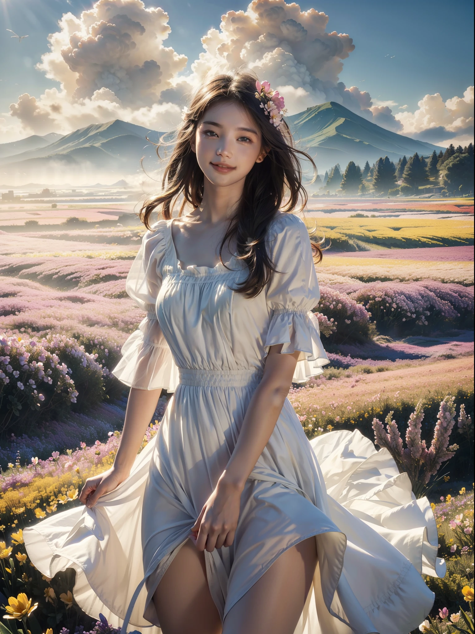 1girl, dynamic angle, cloud and mountain, (flower field:1.4) in the foreground, white dress, light tracing, (floating colorful wind:1) (photorealistic:1.4), official art, unity 8k wallpaper, ultra detailed, beautiful and aesthetic, masterpiece,best quality, glowing skin, cinematic lighting, light smile