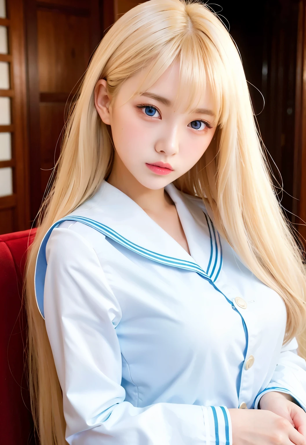 bust shot, sailor suit, uniform, very beautiful 16 year old beautiful girl, shiny dazzling glossy white beautiful skin, beautiful bangs, very long and straight silky beautiful platinum blonde, super long straight hair, eyeliner, beautiful shining clear big blue eyes