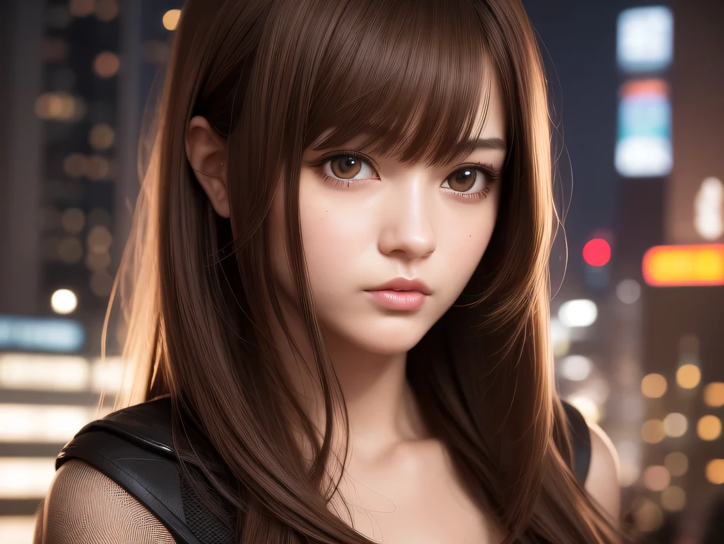 highest quality, masterpiece, (realistic:1.2), 1 girl, brown hair, brown eyes, front, detailed face, beautiful and fine eyes, cyberpunk city, night,