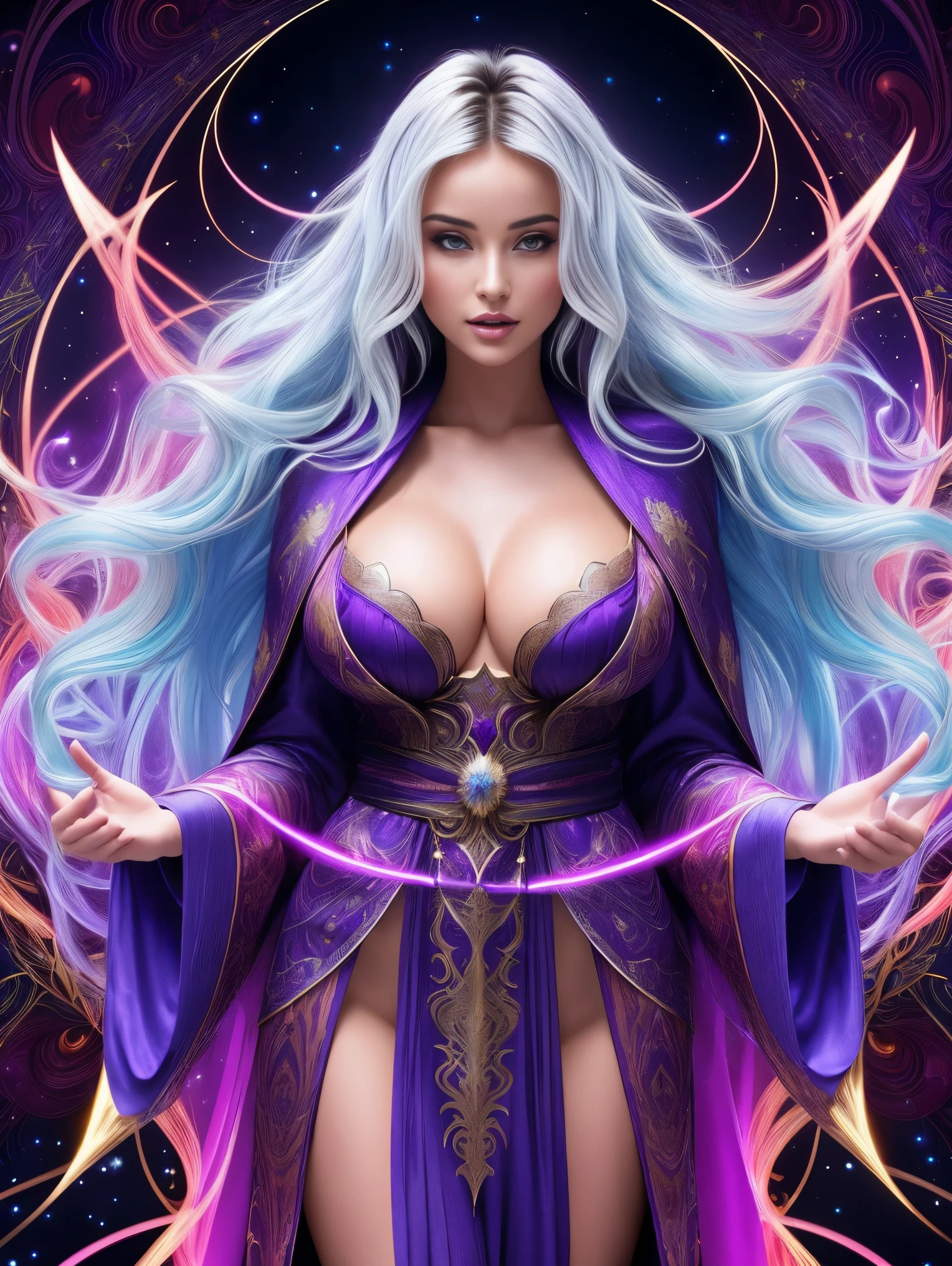 One ultra hot gorgeous (((European woman))). Age 23. She’s a playmate, men magazine model. Random color wavy hair. in a long random color fractal pattern dress with glowing arms and a hood, flowing magical robe, flowing robes, casting a multi colored spell, dark flowing robe, flowing robe, flowing magical flesh robe, ornate flowing robes, colorful robes, fantasy robe, ornate flowing robe, wearing flowing robes, cloaked woman, sorceress, a beautiful sorceress, vibrant fantasy style, ((fractal pattern background.)). Perfect anatomy, perfect hair, perfect breast, perfect body, perfect hands, perfect face, perfect eyes, accurate, anatomically correct, perfect clear and crisp focus, UHD, masterpiece, ultra realistic
