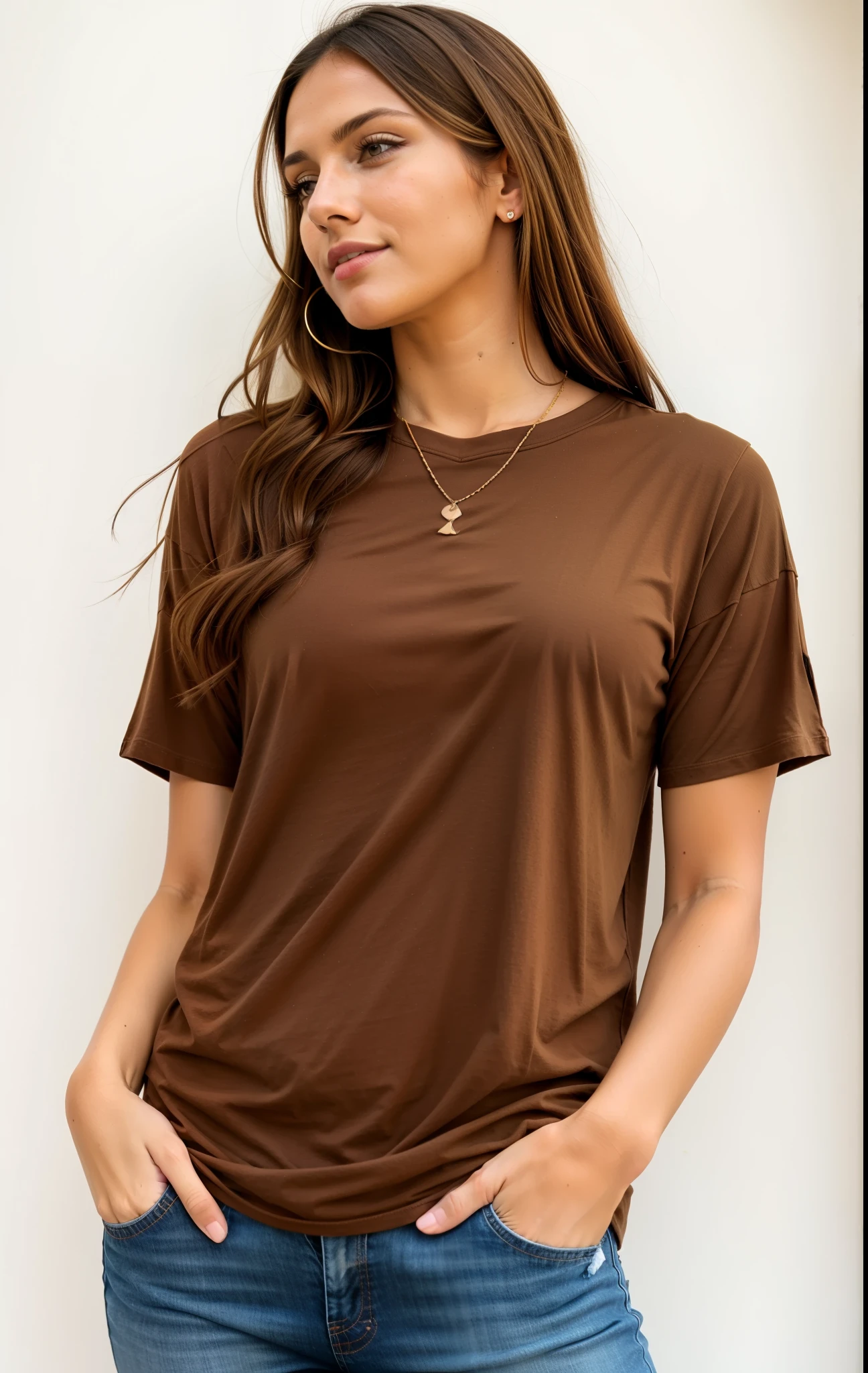 a woman wearing a marrom t - camisa and jeans, marrom camisa, manga curta, marrom clothes, foto completa do produto, Siena, Jessica, marrom color, marrom colors, wearing a t-camisa, Olivia, t-camisa, t - camisa, marrom ) ), cinza, designed for a cozy aesthetic!, camisa, wearing a marrom, muted marrom, they, ritmo
