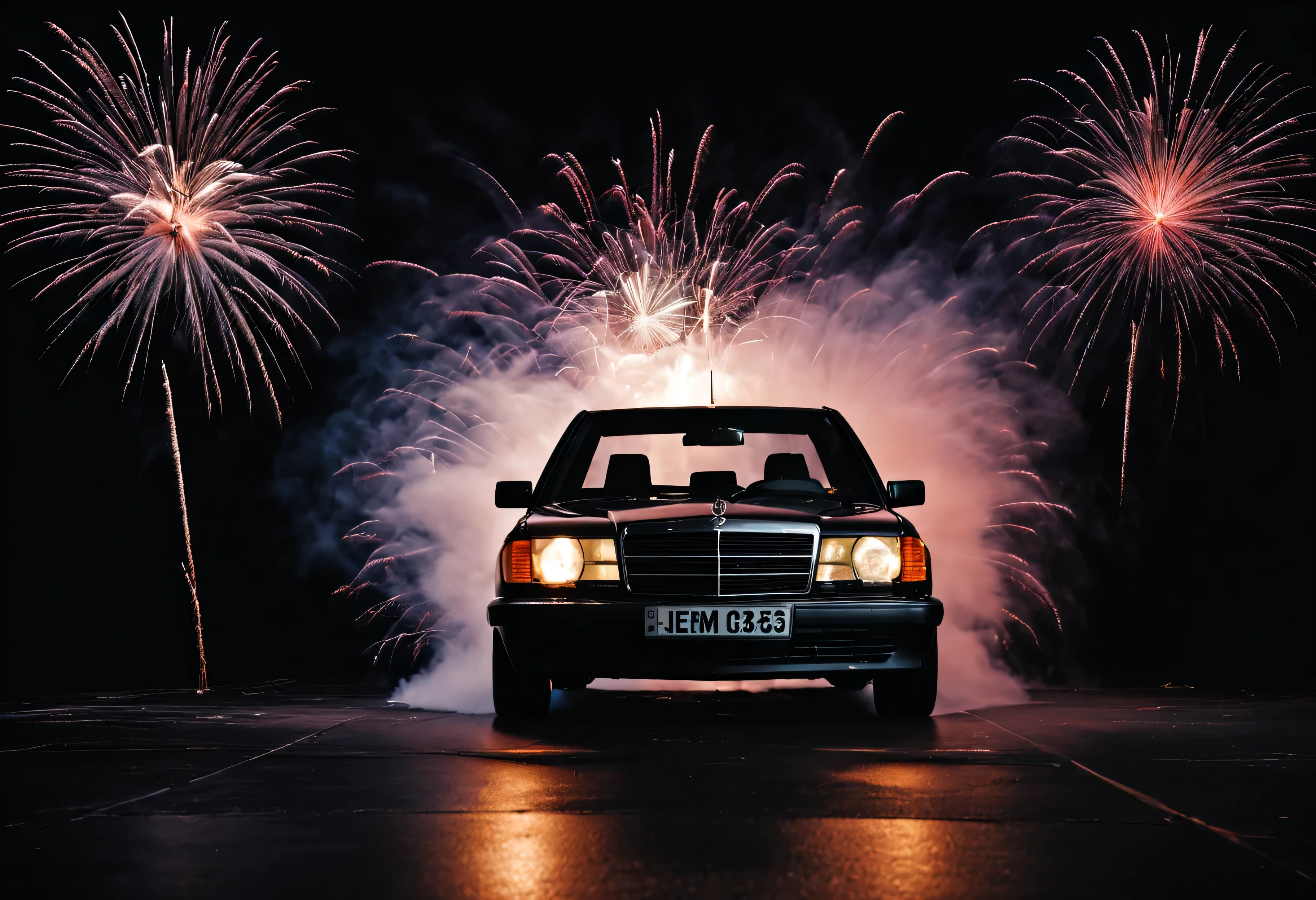 Mercedes190e, 1990, feu d'artifice au fond, dans un studio fond noir, vue de face