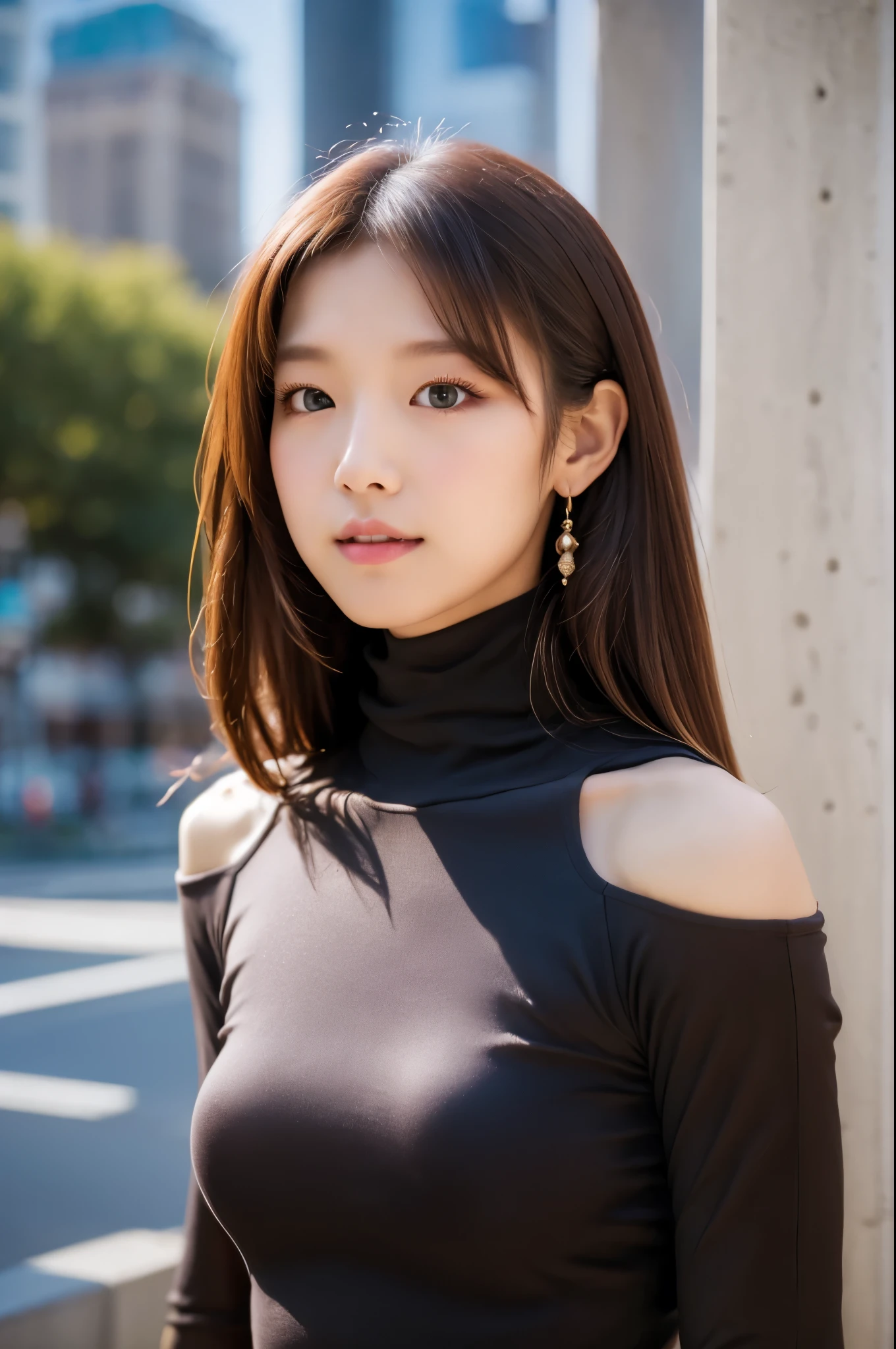 ((top-quality, in 8K, masterpiece:1.3)), Beautiful Japanese woman, perfect body:1.4, Slim abs:1.2, ((Medium Hair, straight haired:1.2)), (turtle neck:1.1), (a street:1.2), wetbody:1.5, Three-dimensional texture, A detailed eye, Brown hair, Very shiny hair, posterior view
