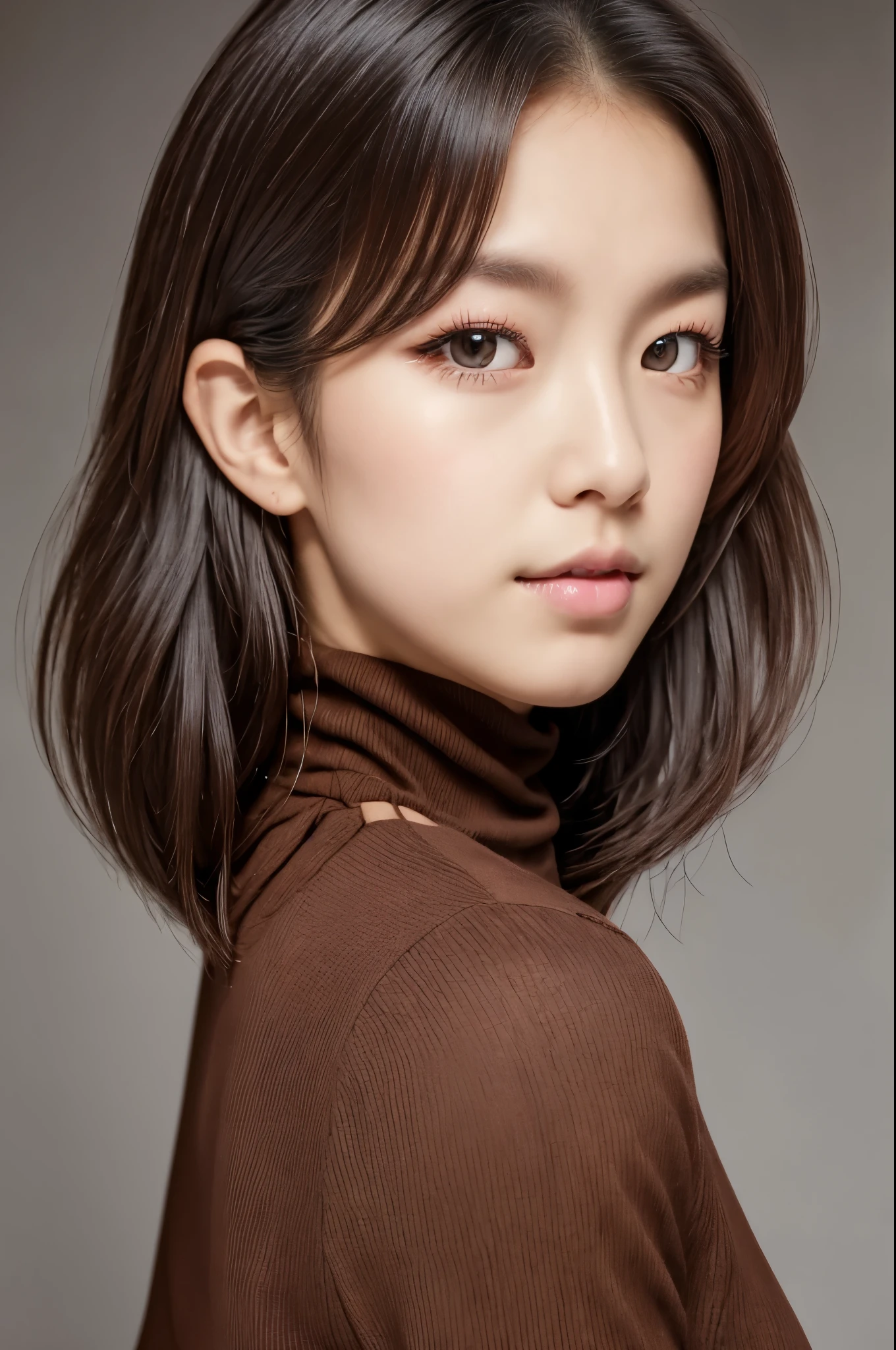 ((top-quality, in 8K, masterpiece:1.3)), Beautiful Japanese woman, perfect body:1.4, Slim abs:1.2, ((Medium Hair, straight haired:1.2)), (turtle neck:1.1), (a street:1.2), wetbody:1.5, Three-dimensional texture, A detailed eye, Brown hair, Very shiny hair, posterior view