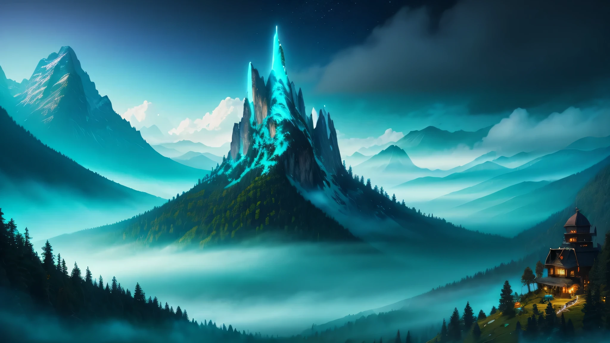 (masterpiece), (best quality), (incredible digital artwork), atmospheric scene inspired by a Peter Jackson fantasy movie, breathtaking landscape, towering mountains, lush turquoise pine forests, misty valleys, awe-inspiring structures, dramatic lighting, vivid colors, intricate details, expertly capturing the essence of an epic cinematic experience, night time, turquoise moon seen on the upper left, (turquoise lighting), no clouds.