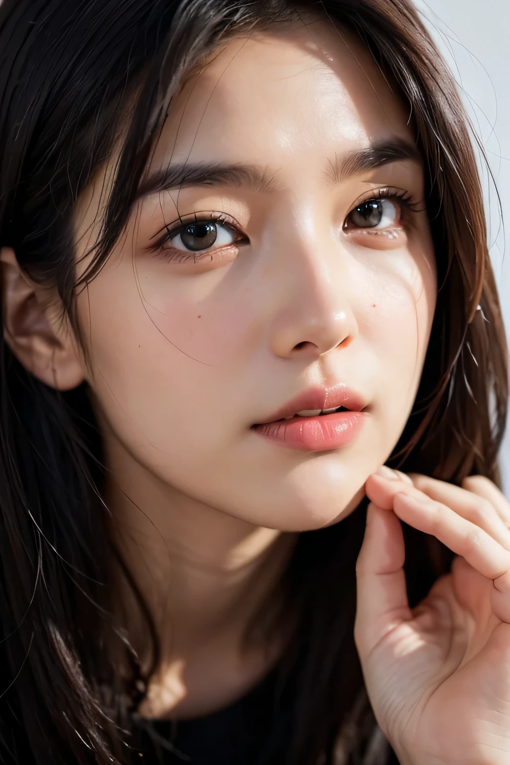 High resolution、face of ecstasy、８ｋ、close-up image、slender body、high nose、long jaw、intellectual beauty、Idol、Clean and clean look、no makeup、Transparent face、white skin、look sideways、pale eyes、short hair、