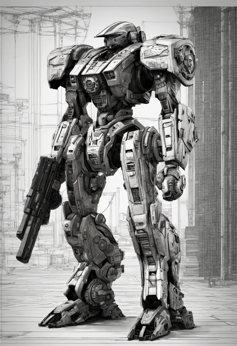 Mecha Warrior, Jaeger_Pacific_Rim, schematic diagram ink on blueprint by Enki Bilal by Vladislav, biomechanical complex, hyperdetailed, intricate, mechanical, Scientific American illustration, intricate mech details, ground level shot, 8K resolution, Cinema 4D, Behance HD, polished metal, Unreal Engine 5, rendered in Blender, sci-fi, futuristic, trending on Artstation, epic, cinematic background, dramatic, atmospheric