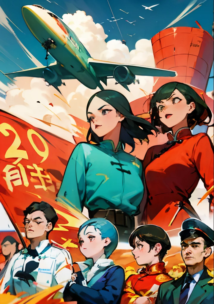 (masterpiece), (best quality), (Exquisite details), poster, Chinese , Wide-angle lens, a group of people, Chinese 微笑, civilian, One-piece suit, firm expression, Half-naked arms, passing flyer, gear, sky with passenger plane, Chinese Red Flag, (Red) Flag with gear and Wheat Print, city View, architecture, High-speed rail trains,  manifesto, Chinese,