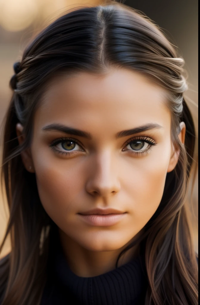 Photograph of a beautiful girl, wear an autumn sweater, long hair tied, buste lourd 36DD, Look into the camera, facing the camera, eyes symmetrical, symmetrical face, photoreallistic, photographie, Path layout, specular lighting, Volumetric facial light, Ombres visibles, complexe, elaborate