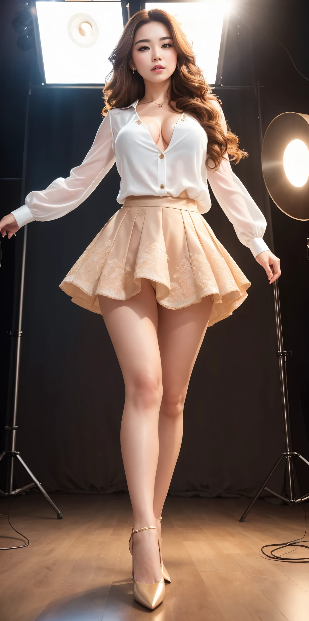 Photo of a 25-year-old girl, (Brown hair with extra long wavy), ((portrait)), (detailed face: 1.2)), (detailed faceの特徴)), (fine skin), white skin, High detail and deep cleavage, Because I&#39;m slender, (cold color), reflection, (masterpiece) (perfect proportions) (realistic pictures) (highest quality), Photographed with Canon EOS R5, 50mm lens, f/2.8, HDR, (8K) (wallpaper) (movie lighting) (dramatic lighting) (sharp focus) (Complex), (blouse, Mini Flare Pastel Skirt, heels), ((full body shot)), (Studio Background), ((from below))