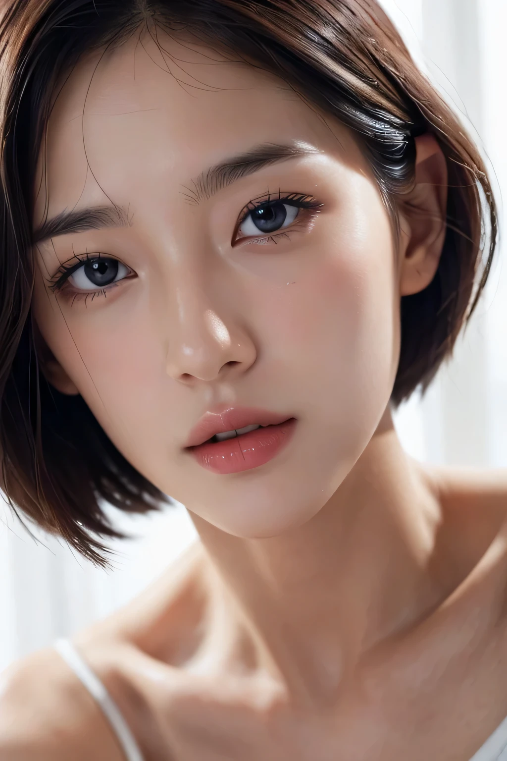 High resolution、face of ecstasy、8k、close-up image、slender body、high nose、long jaw、intellectual beauty、Idol、Clean and clean、no makeup、Transparent face、white skin、look sideways、pale eyes、short hair、