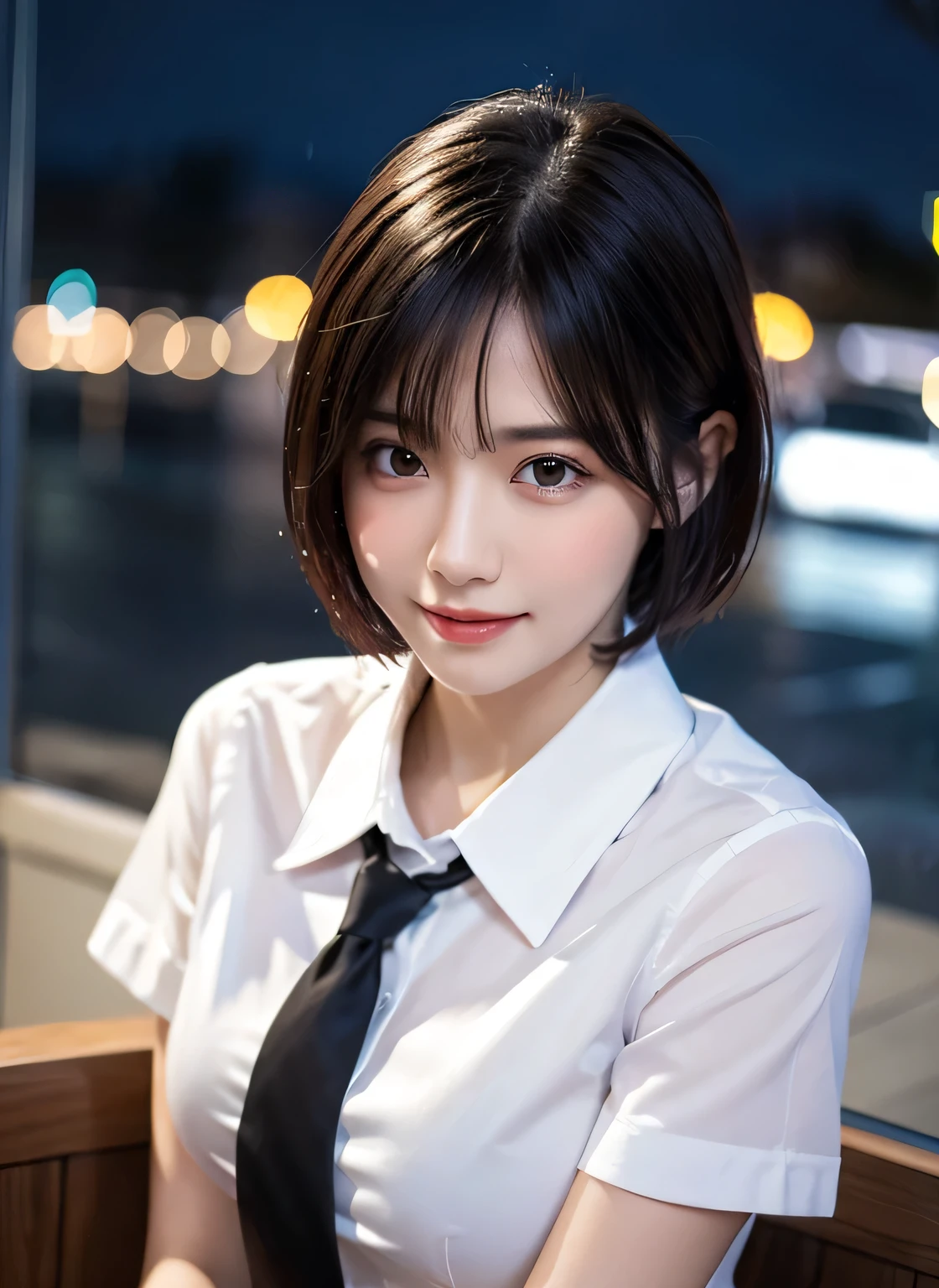 (8K, highest quality, masterpiece:1.2), (realistic, photo-realistic:1.37), Super detailed, 1 girl,cute, alone,beautiful and detailed sky,Detailed cafe,night,sitting,date,(blush your nose),(smile:1.15),(closed mouth) small breasts,beautiful and detailed eyes,(collared shirt:1.1), night, Wet,suit, rain,white lace, (short hair:1.2),Floating hair NovaFrogStyle,