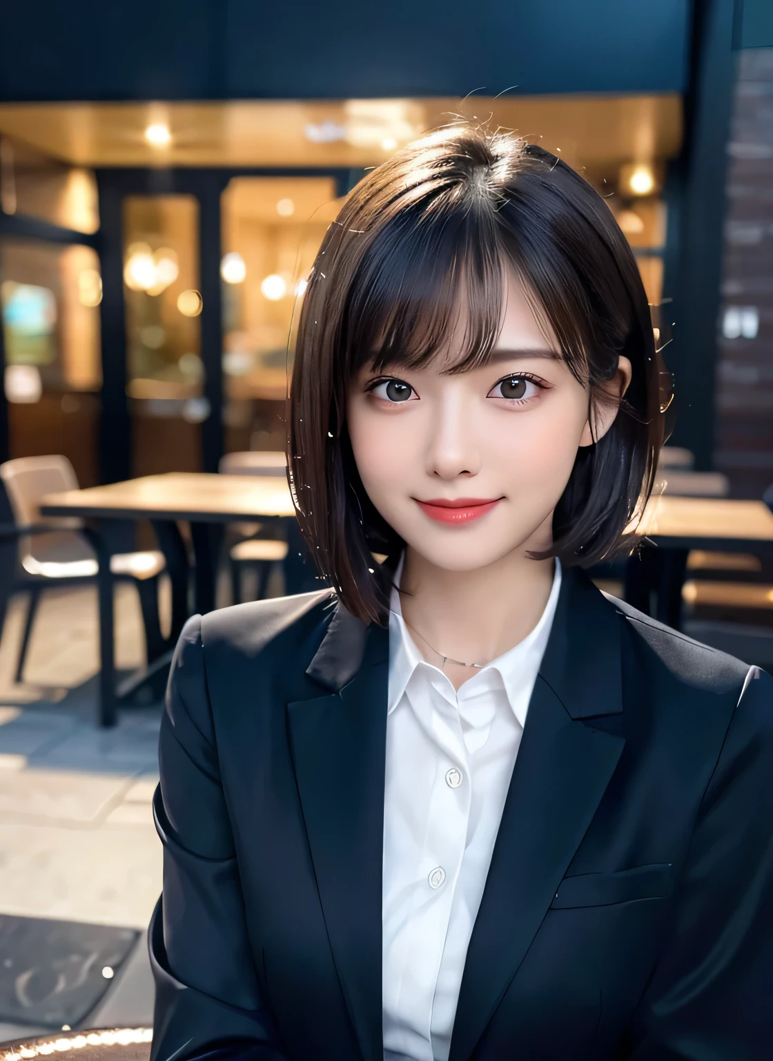 (8K, highest quality, masterpiece:1.2), (realistic, photo-realistic:1.37), Super detailed, 1 girl,cute, alone,beautiful and detailed sky,Detailed cafe,night,sitting,date,(blush your nose),(smile:1.15),(closed mouth) small breasts,beautiful and detailed eyes,(collared shirt:1.1), night, Wet,suit, rain,white lace, (short hair:1.2),Floating hair NovaFrogStyle,