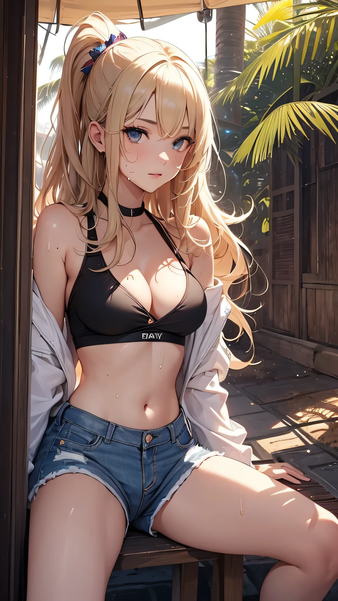 最high quality、best image quality、masterpiece、age girl((18-year-old、 By becoming、vest bust、medium bust,wide open breast tea、black eye, blonde hair、Habitual hair、long hair、thin,highest valley、blue shorts、Holding a plastic bottle、smug face、heart tattoo、black aloha shirt、squat、open your legs、sweating)),high quality、beautiful art、background((Hawaii、Waikiki、Palm tree))debris flies、Depth of written boundary、movie、visual art、perfect art、8K,genuine