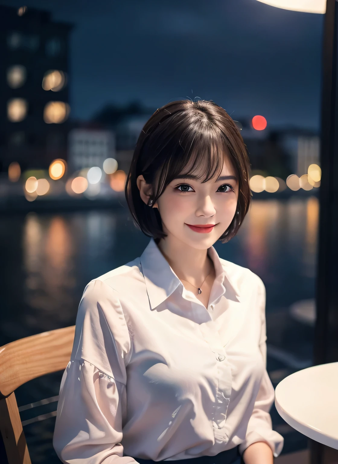 (8K, highest quality, masterpiece:1.2), (realistic, photo-realistic:1.37), Super detailed, 1 girl,cute, alone,beautiful and detailed sky,Detailed cafe,night,sitting,date,(blush your nose),(smile:1.15),(closed mouth) small breasts,beautiful and detailed eyes,(collared shirt:1.1), night, Wet,suit, rain,white lace, (short hair:1.2),Floating hair NovaFrogStyle,