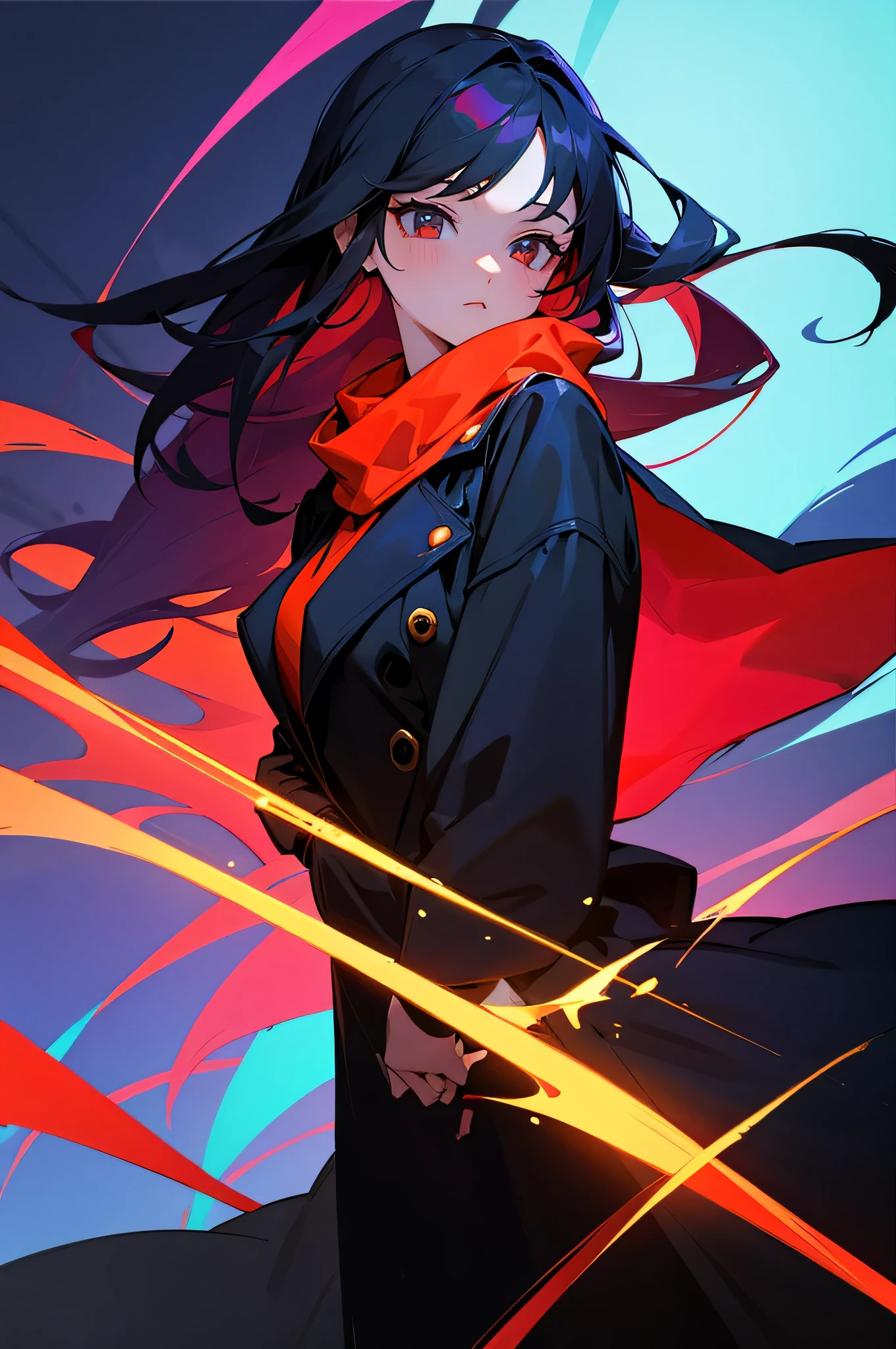 1 female、Cool sister、looking at the camera、Front body、red cheeks、god、god々New、long hair、black long coat、Scarf、Neon feeling、neon laser、neon room、I don't have anything