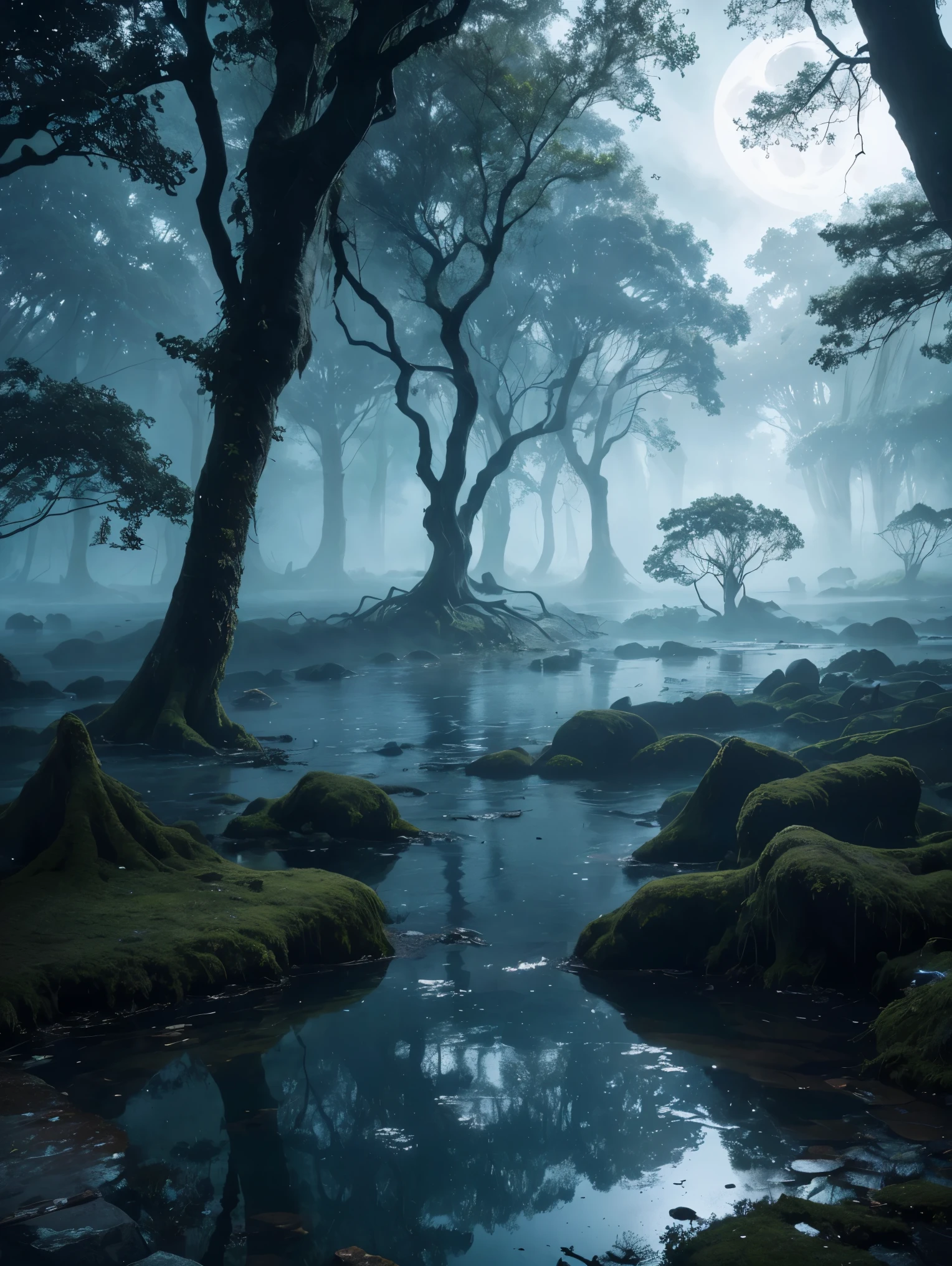 (best quality,4k,8k,highres,masterpiece:1.2),ultra-detailed,(realistic,photorealistic,photo-realistic:1.37),a mysterious well of souls surrounded by dark fog and ancient ruins,ethereal glowing light,haunting atmosphere,detailed moss-covered stones,bats flying above,ghastly faces emerging from the well,creepy tendrils slowly rising,faint whispers echoing,undulating water,ruins covered in mystical symbols,spectral figures drifting in the background,majestic ancient trees with twisted branches,dappled moonlight piercing through the canopy,ominous shadows lurking,Maldivian blue hues,twilight lighting
