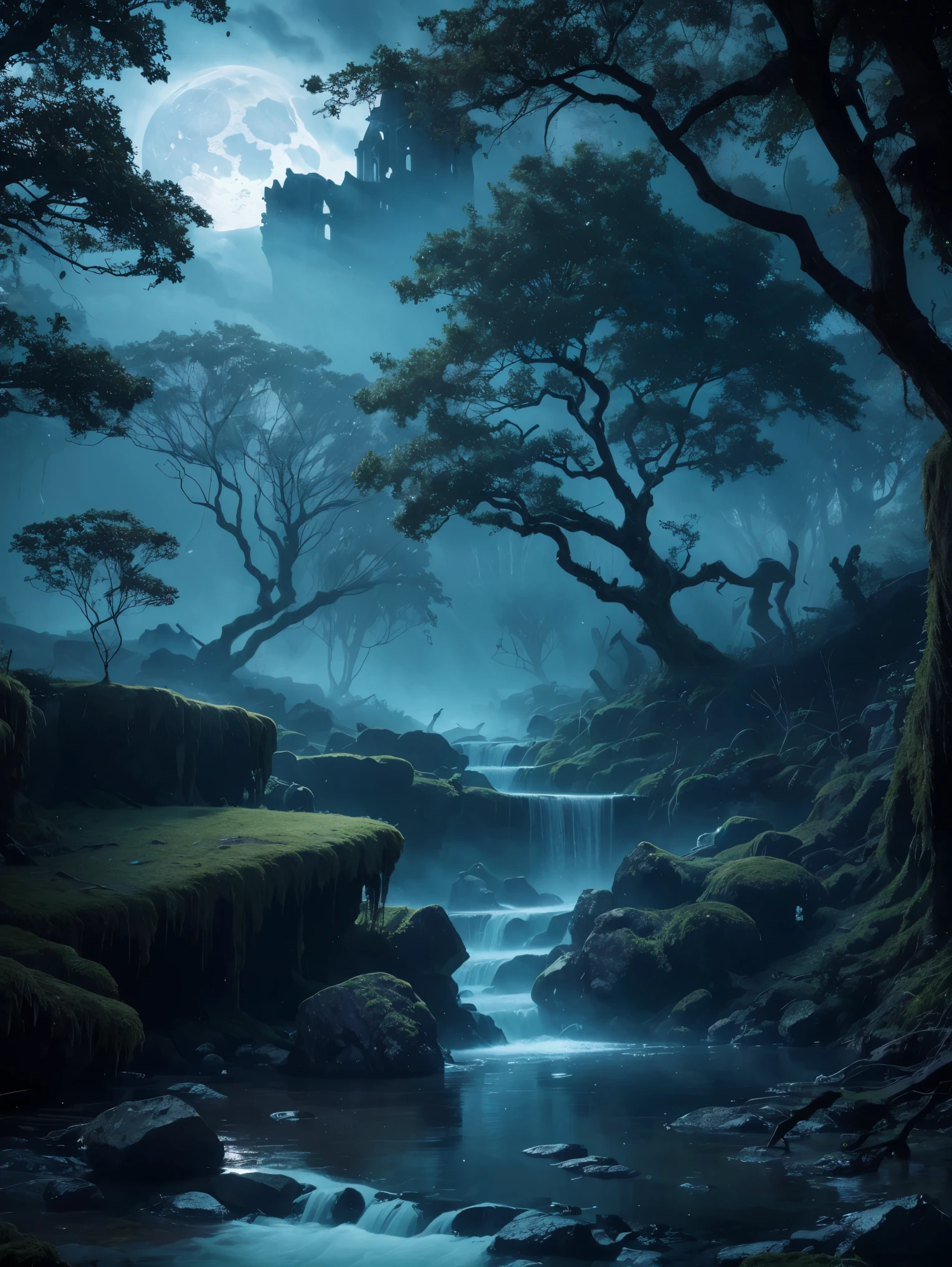 (best quality,4k,8k,highres,masterpiece:1.2),ultra-detailed,(realistic,photorealistic,photo-realistic:1.37),a mysterious well of souls surrounded by dark fog and ancient ruins,ethereal glowing light,haunting atmosphere,detailed moss-covered stones,bats flying above,ghastly faces emerging from the well,creepy tendrils slowly rising,faint whispers echoing,undulating water,ruins covered in mystical symbols,spectral figures drifting in the background,majestic ancient trees with twisted branches,dappled moonlight piercing through the canopy,ominous shadows lurking,Maldivian blue hues,twilight lighting