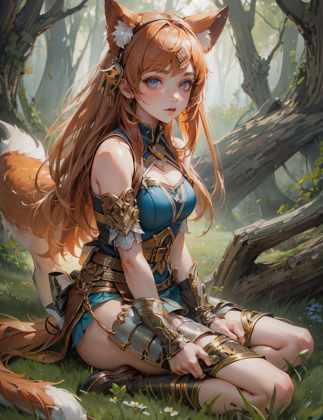 high details, best quality, 8k, [ultra detailed], masterpiece, best quality, (extremely detailed), dynamic angle, ultra wide shot, RAW, photorealistic, fantasy art, dnd art, rpg art, realistic art, a wide angle picture of a female ((human)) [[anatomically correct]] ranger and her pet fox, warrior of nature, fighter of nature, full body, [[anatomically correct]]. dynamic position (1.5 intricate details, Masterpiece, best quality) talking to fox (1.6 intricate details, Masterpiece, best quality) in forest (1.5 intricate details, Masterpiece, best quality), female  wearing leather armor (1.4 intricate details, Masterpiece, best quality), leather boots, thick hair, long hair, red hair, fair skin, [[human ears]], intense eyes, forest  background (intense details), a stream flowing in the background (1.4 intricate details, Masterpiece, best quality), dawn light, clouds (1.4 intricate details, Masterpiece, best quality), dynamic angle, (1.4 intricate details, Masterpiece, best quality), high details, best quality, highres, ultra wide angle