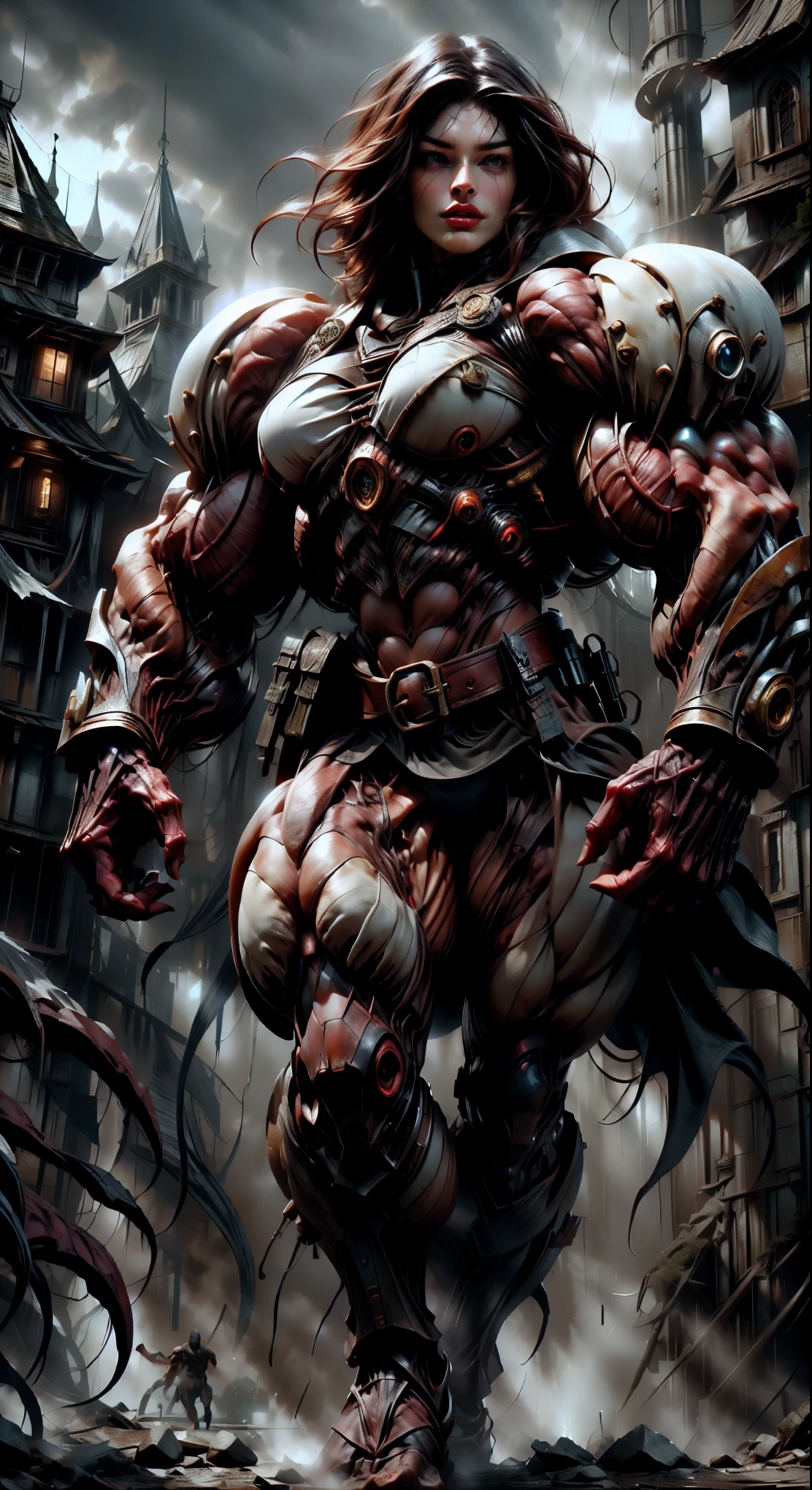 (1 girl), (megan fox:1.25), Beautiful vampire girl dressed in ornate medieval vampiric full body armor, (pure white skin:1.25), (perfect fingers:1.24), (extreme muscular definition:1.5), (vampiric body armor:1.25), (huge muscular arms:1.5,) (10-pack abs:1.4), (lots of veins:1.25), Ultra Realistic, Very detailed face and eyes, a true masterpiece, with an atmosphere of horror, gothica, blood, haunted cathedrals