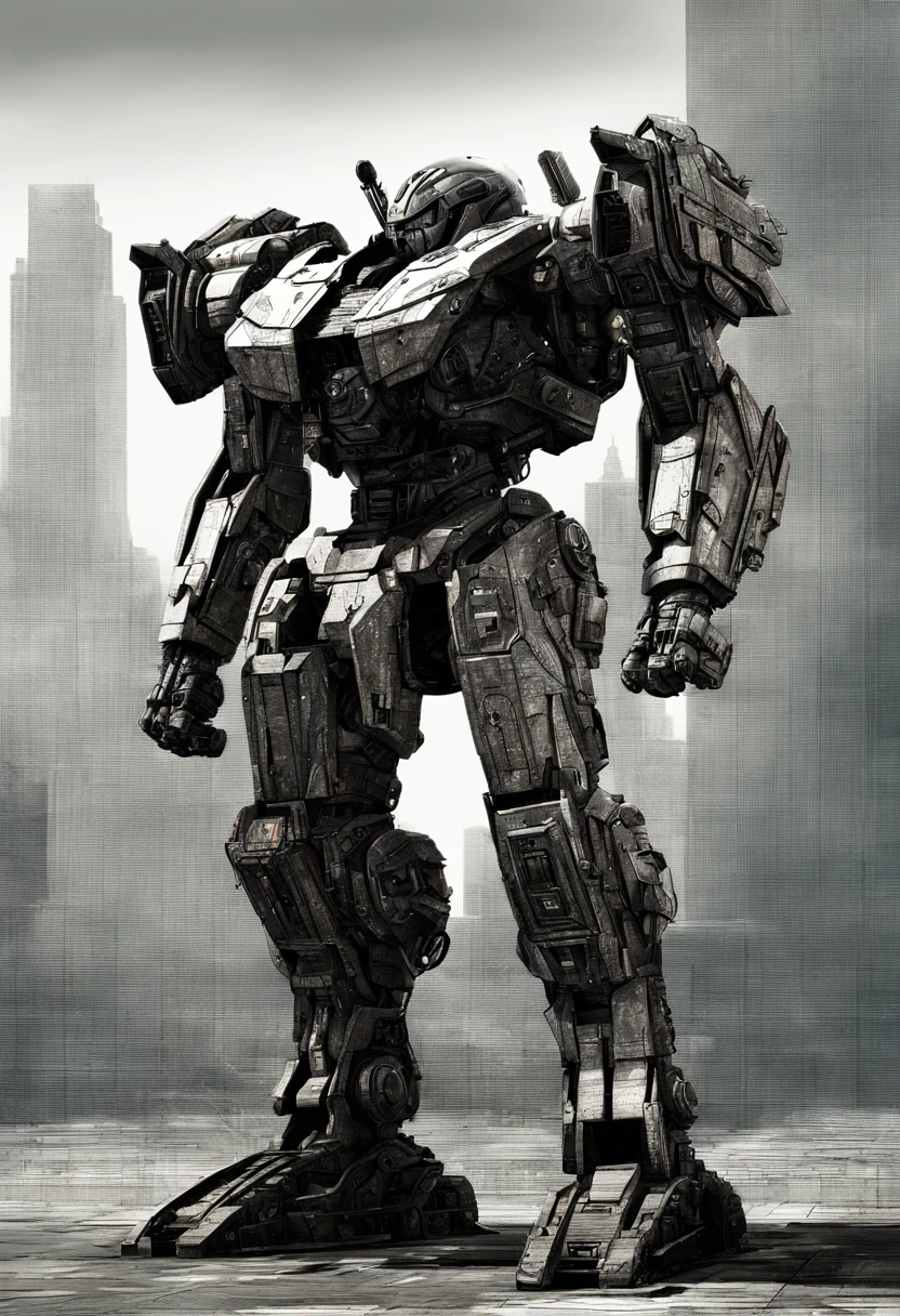 Mecha Warrior, Jaeger_Pacific_Rim, schematic diagram ink on blueprint by Enki Bilal by Vladislav, biomechanical complex, hyperdetailed, intricate, mechanical, Scientific American illustration, intricate mech details, ground level shot, 8K resolution, Cinema 4D, Behance HD, polished metal, Unreal Engine 5, rendered in Blender, sci-fi, futuristic, trending on Artstation, epic, cinematic background, dramatic, atmospheric