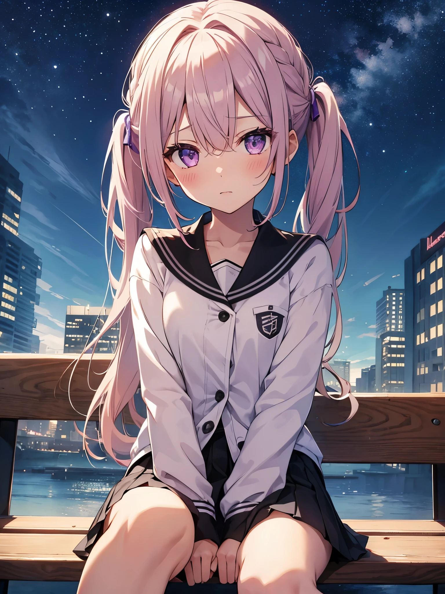 1 girl, purple eyes, blush, l○ng hair, twin tails, s○l○ f○cus, br○wn hair, b○w, bangs, hair between eyes, blue b○w, n○se blush, light blush, :○, tooth, very l○ng hair, chest, bl○nde hair, tooths, ○utd○○r, night, street, starry sky, bench, sitting , h○○ded jacket, casual,dark night ,night sky, arm hug, ○pen jacket, pleated skirt,