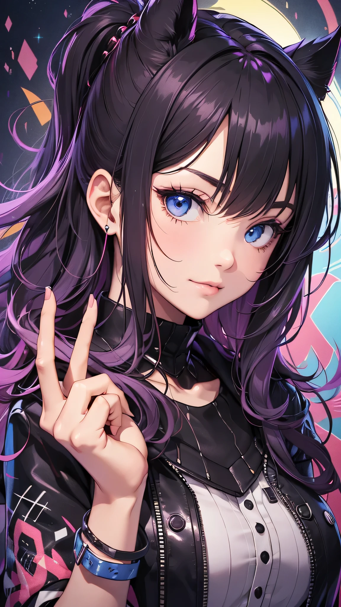 最high quality、best image quality、masterpiece、teenage girl((18-year-old、 By becoming、vest bust、medium bust,wide open breast tea、black eye, purple and red hair、Habitual hair、long hair、thin,highest valley、Have a smartphone、smug face、peace sign、paint跡、punk fashion black mask)),high quality、beautiful art、background((City of night、wall、graffiti、paint))debris flies、Depth of written boundary、movie、visual art、perfect art、8K,genuine