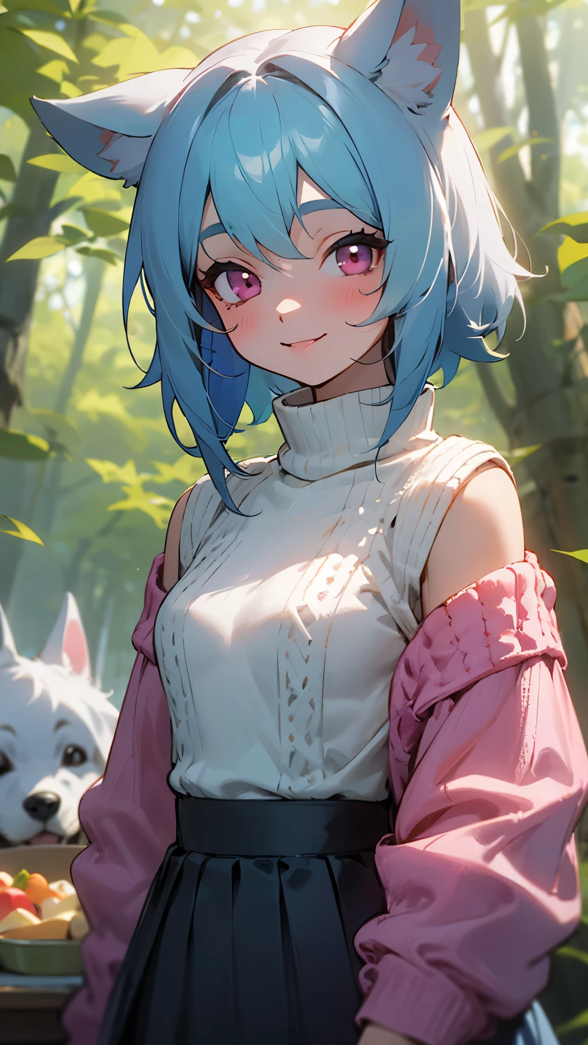 girl、light blue hair、dog ears、pink eyes、smile、small breasts、skirt、colorful knitwear、in the forest、morning、upper body close-up、Have a packed lunch