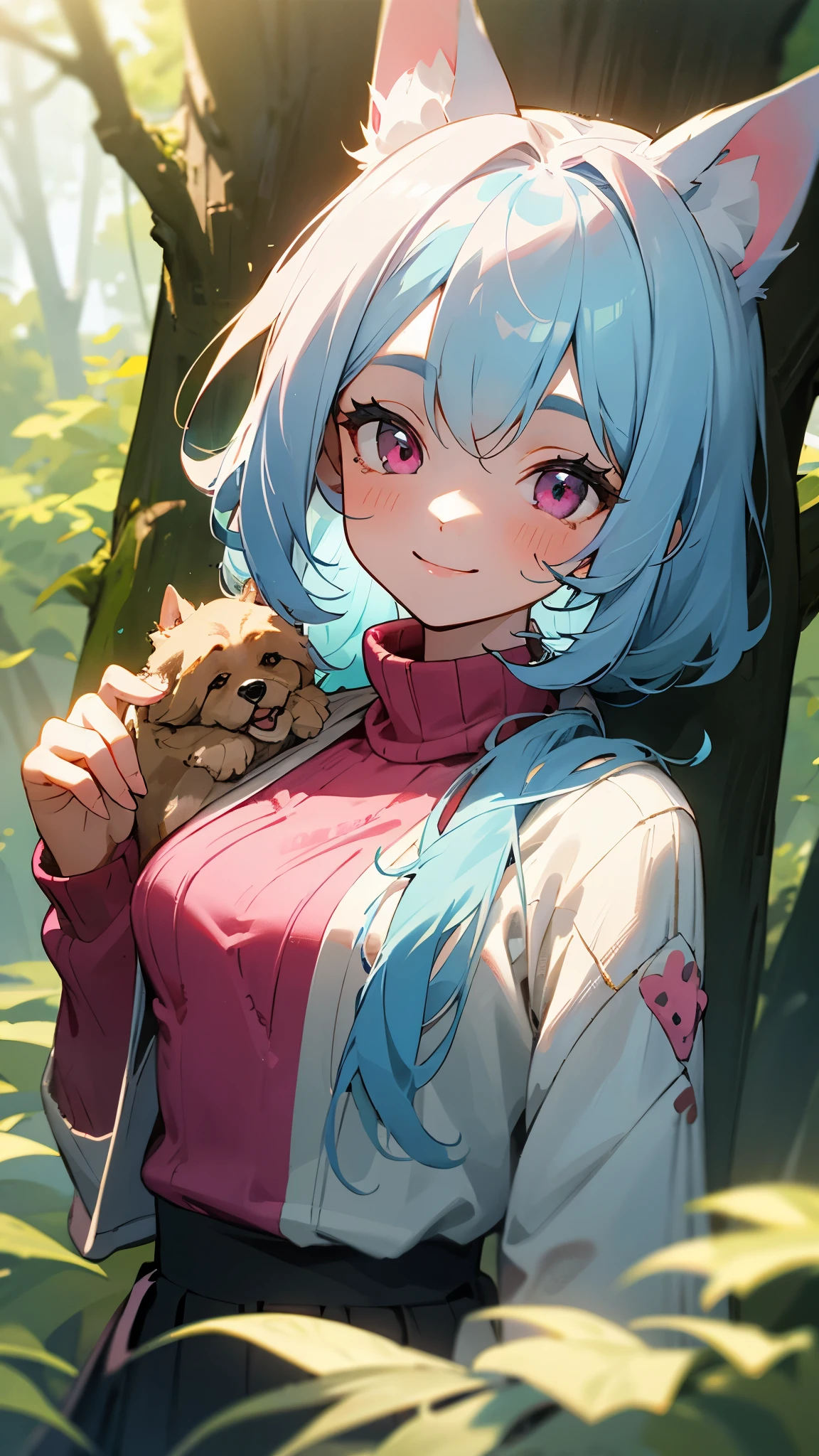girl、light blue hair、dog ears、pink eyes、smile、small breasts、skirt、colorful knitwear、in the forest、morning、upper body close-up、Have a packed lunch