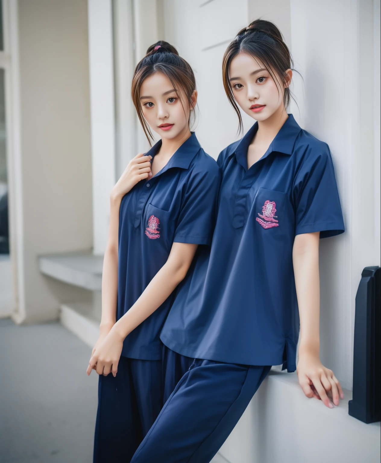 3 girls in fitness center, Navy blue short-sleeved shirt,Navy Long Trackpant,Sweatpants, Sweatpantsขายาว,25 year old girl, lesbian, sexy, exercise clothes, wet body, exercise clothes